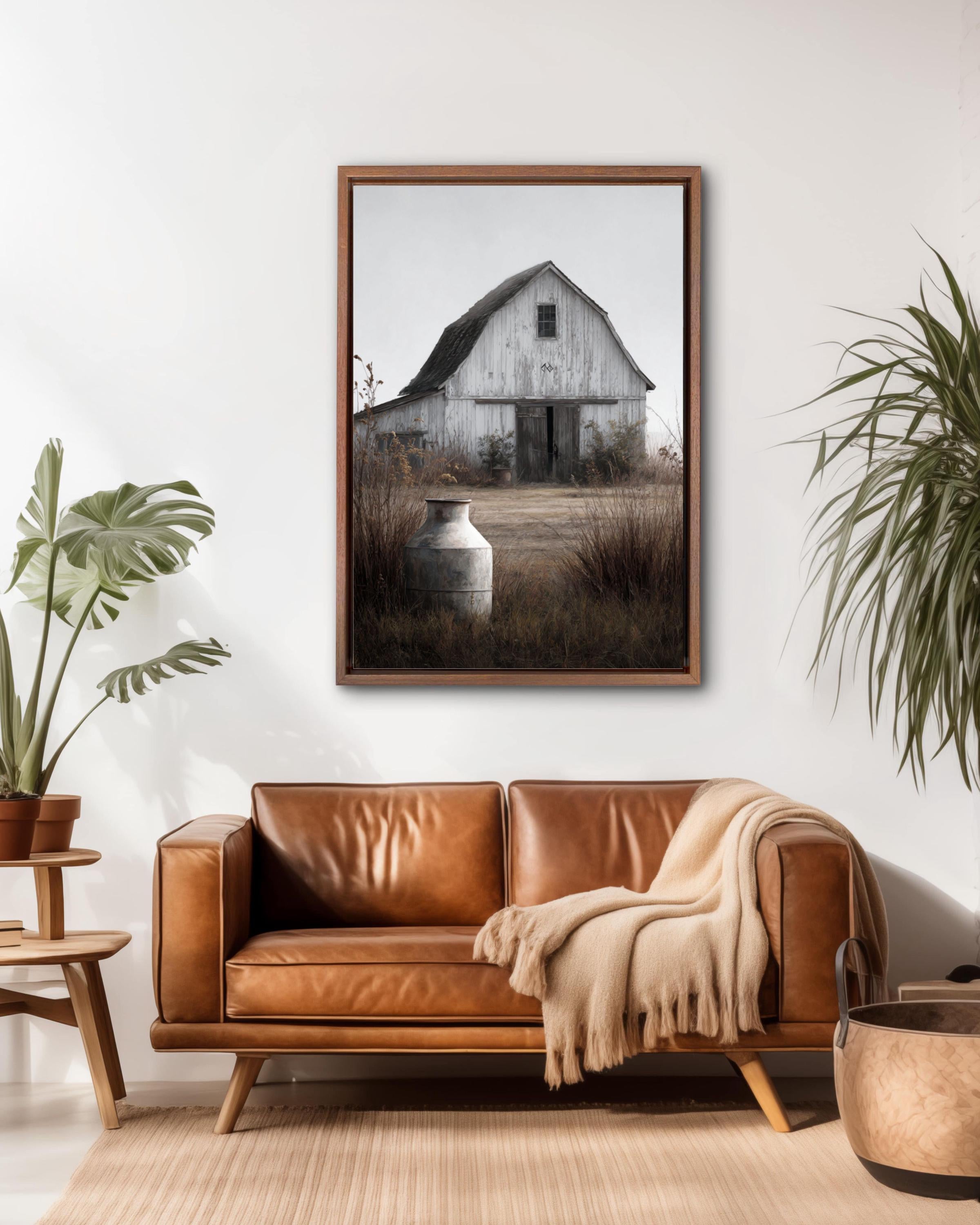 Rustic White Barn Print: Farmhouse Milk Can, Arrow Detail Canvas Wall Art – Modern Decor Print