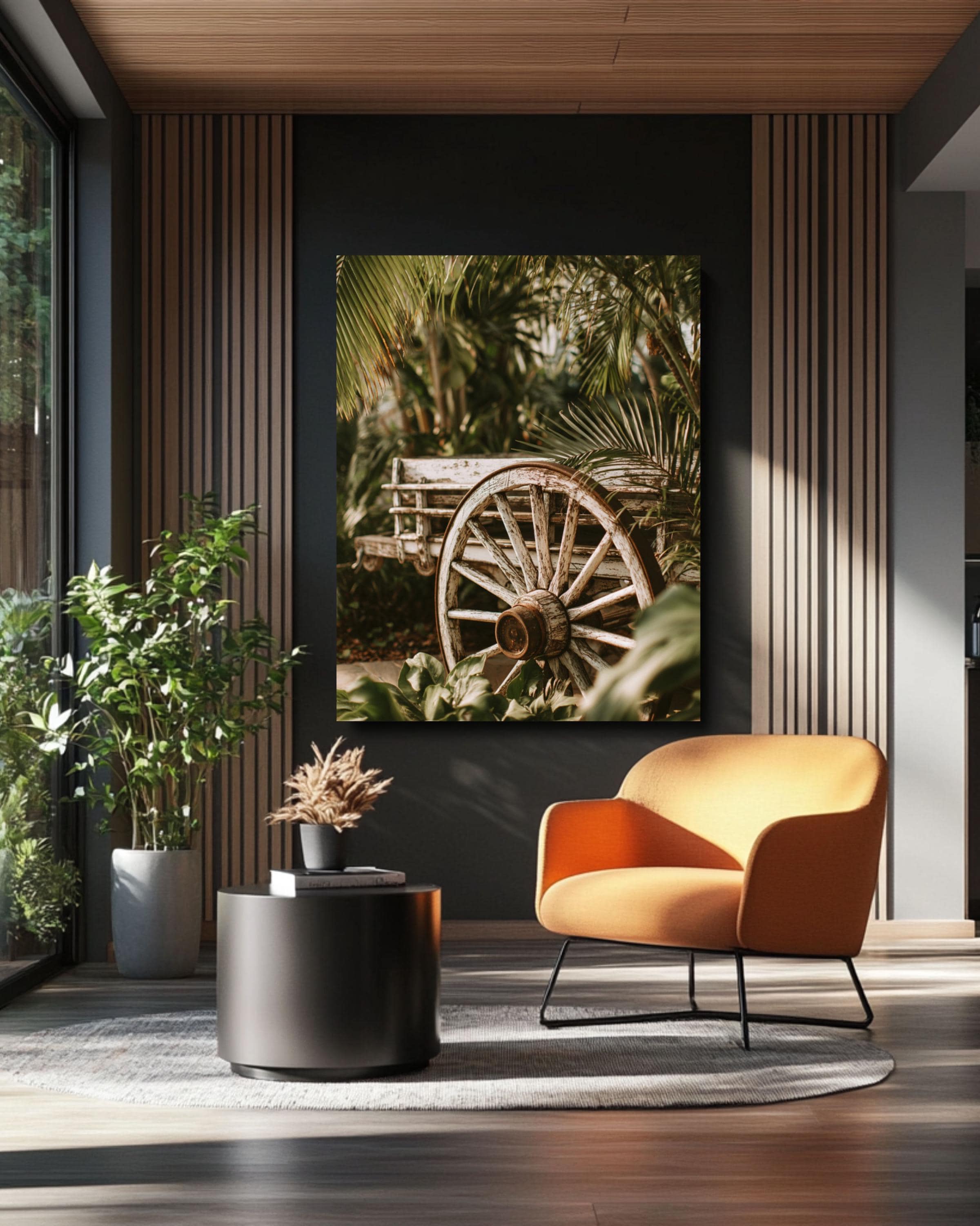 Rustic Wagon Wheel Art Print: Tropical Greenery, Farmhouse Decor Canvas Wall Art – Modern Decor Print