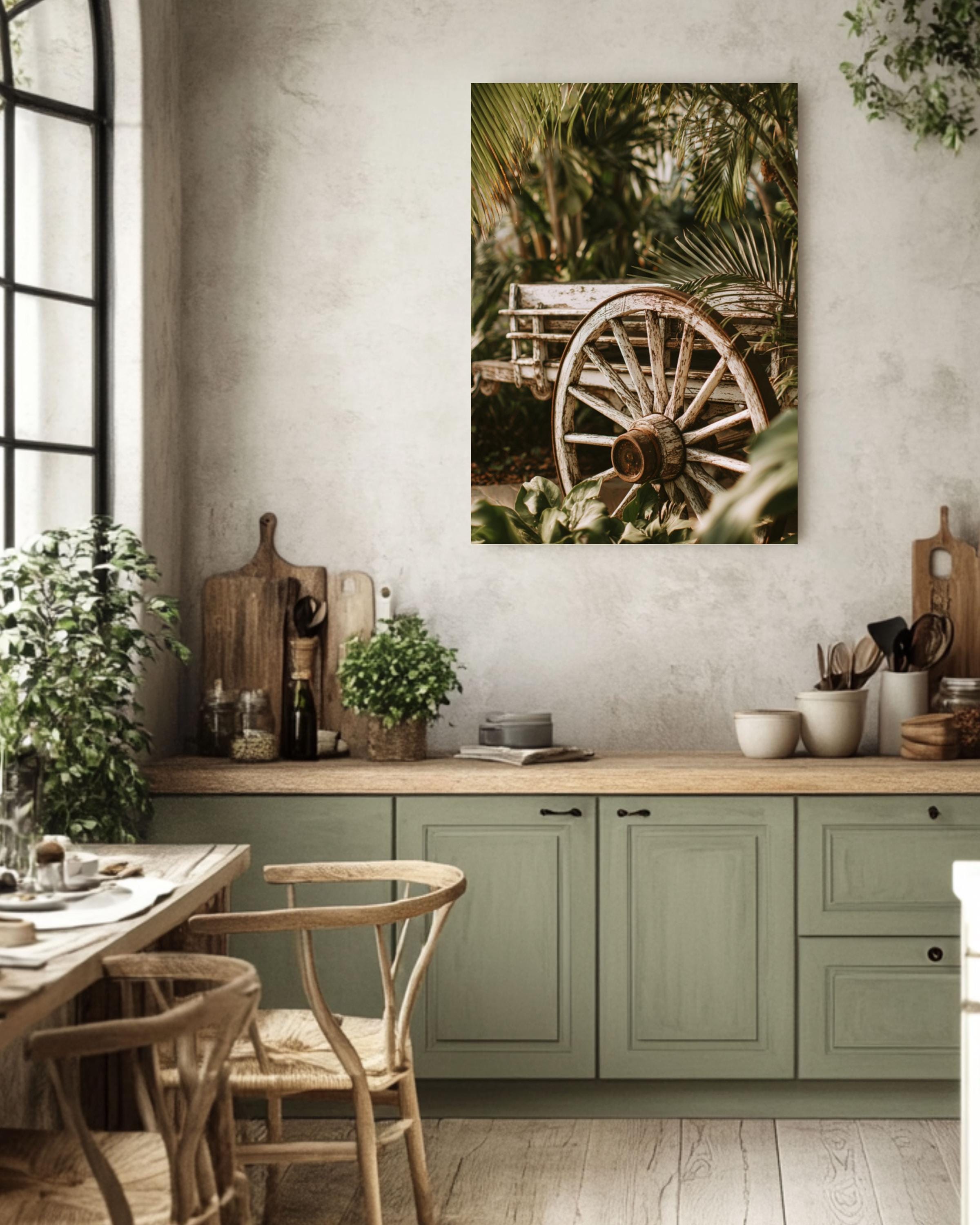 Rustic Wagon Wheel Art Print: Tropical Greenery, Farmhouse Decor Canvas Wall Art – Modern Decor Print