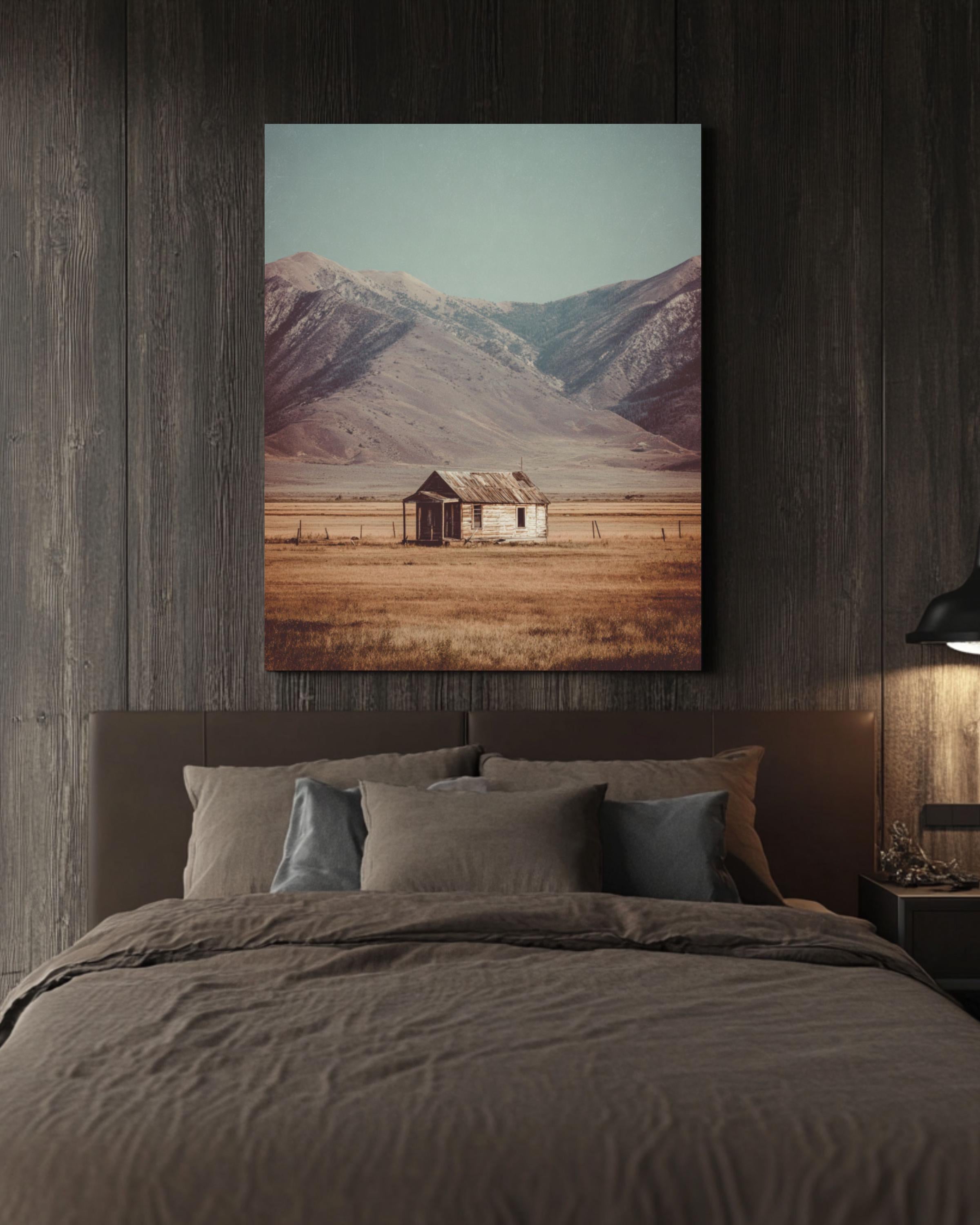 Rustic Cabin Field Art: Minimalist Mountain Landscape Print Canvas Wall Art – Modern Decor Print
