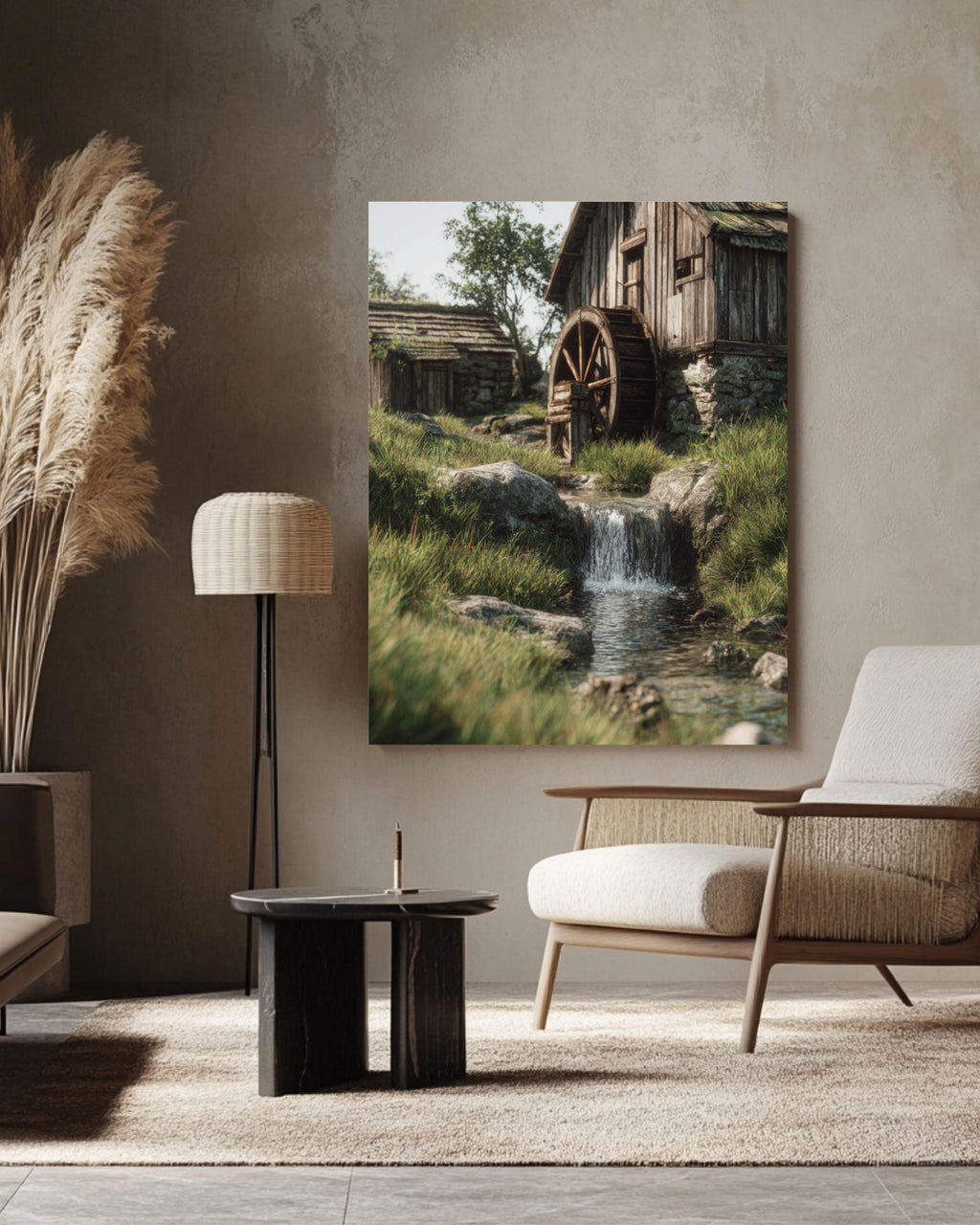 Rustic Water Mill Landscape Art: Tarkovsky-Inspired Country Print Canvas Wall Art – Modern Decor Print