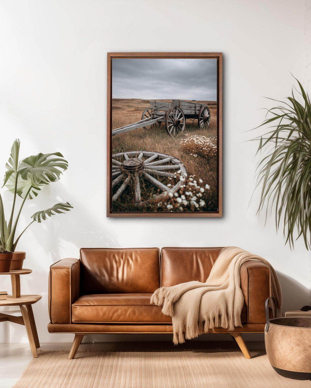 Rustic Wooden Cart in Field: Autumn Landscape Photography Canvas Wall Art – Modern Decor Print