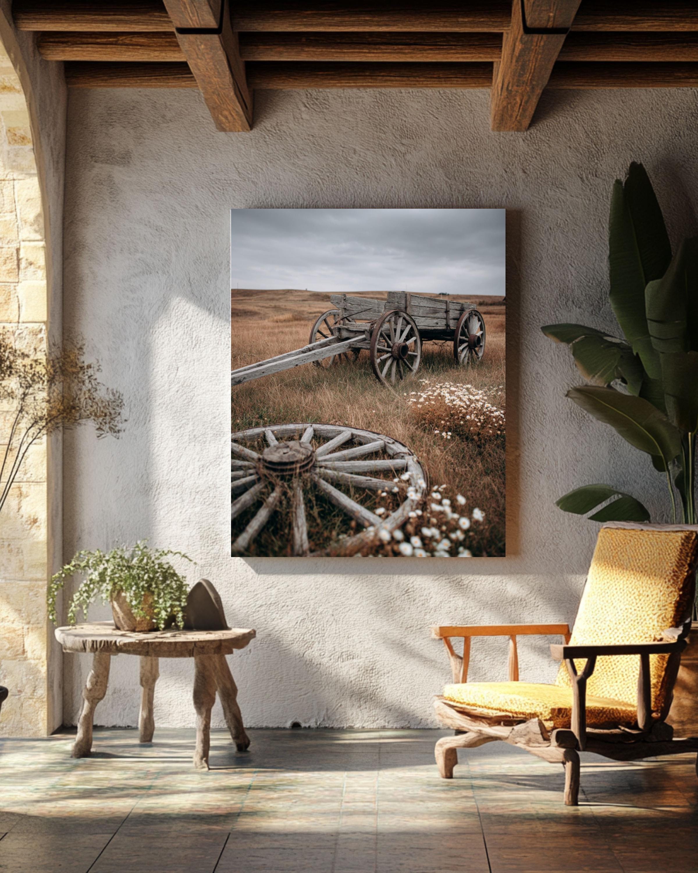 Rustic Wooden Cart in Field: Autumn Landscape Photography Canvas Wall Art – Modern Decor Print