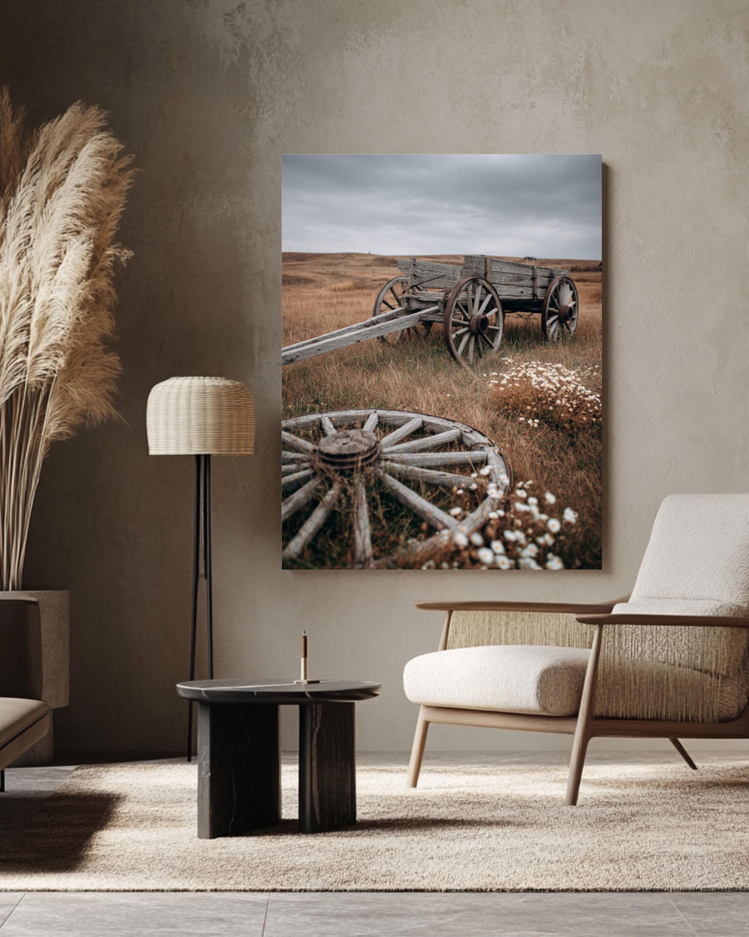 Rustic Wooden Cart in Field: Autumn Landscape Photography Canvas Wall Art – Modern Decor Print