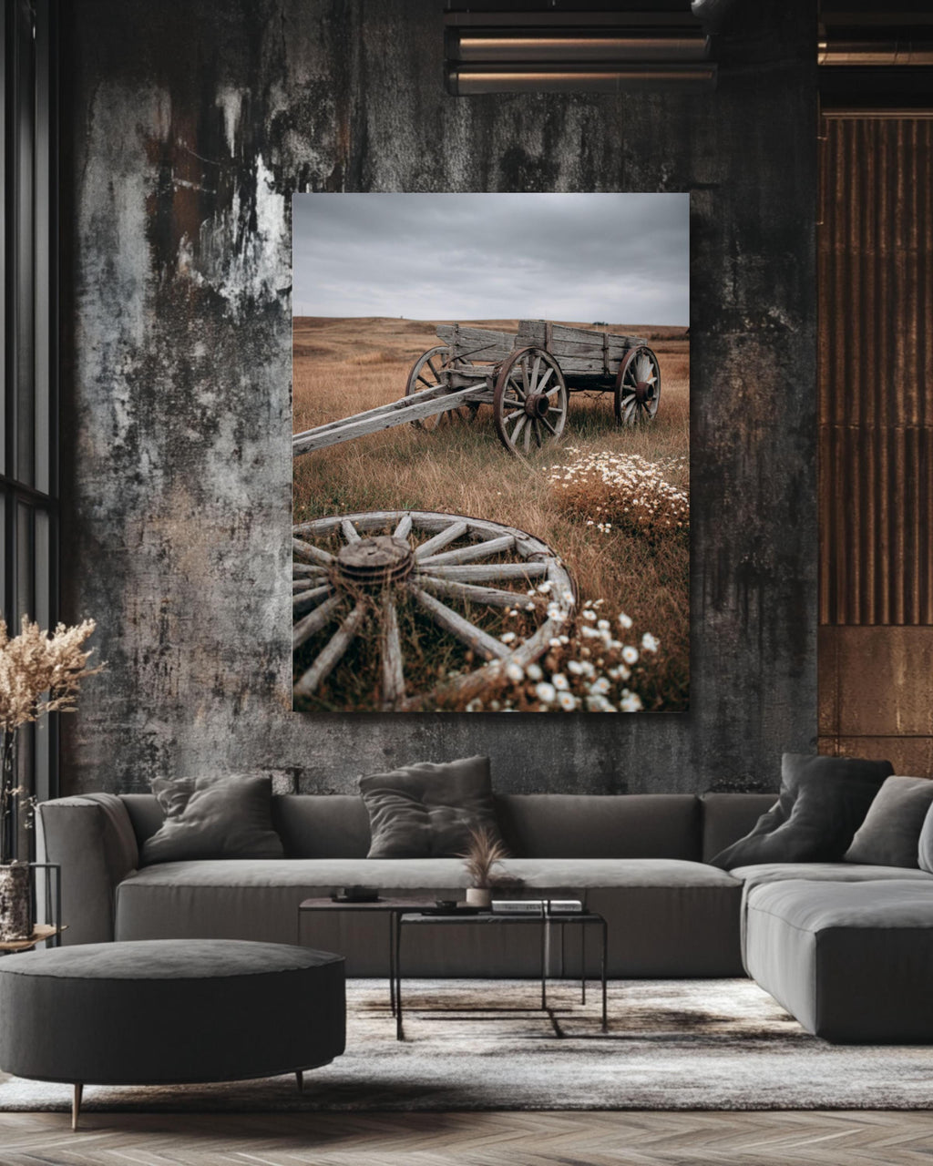 Rustic Wooden Cart in Field: Autumn Landscape Photography Canvas Wall Art – Modern Decor Print