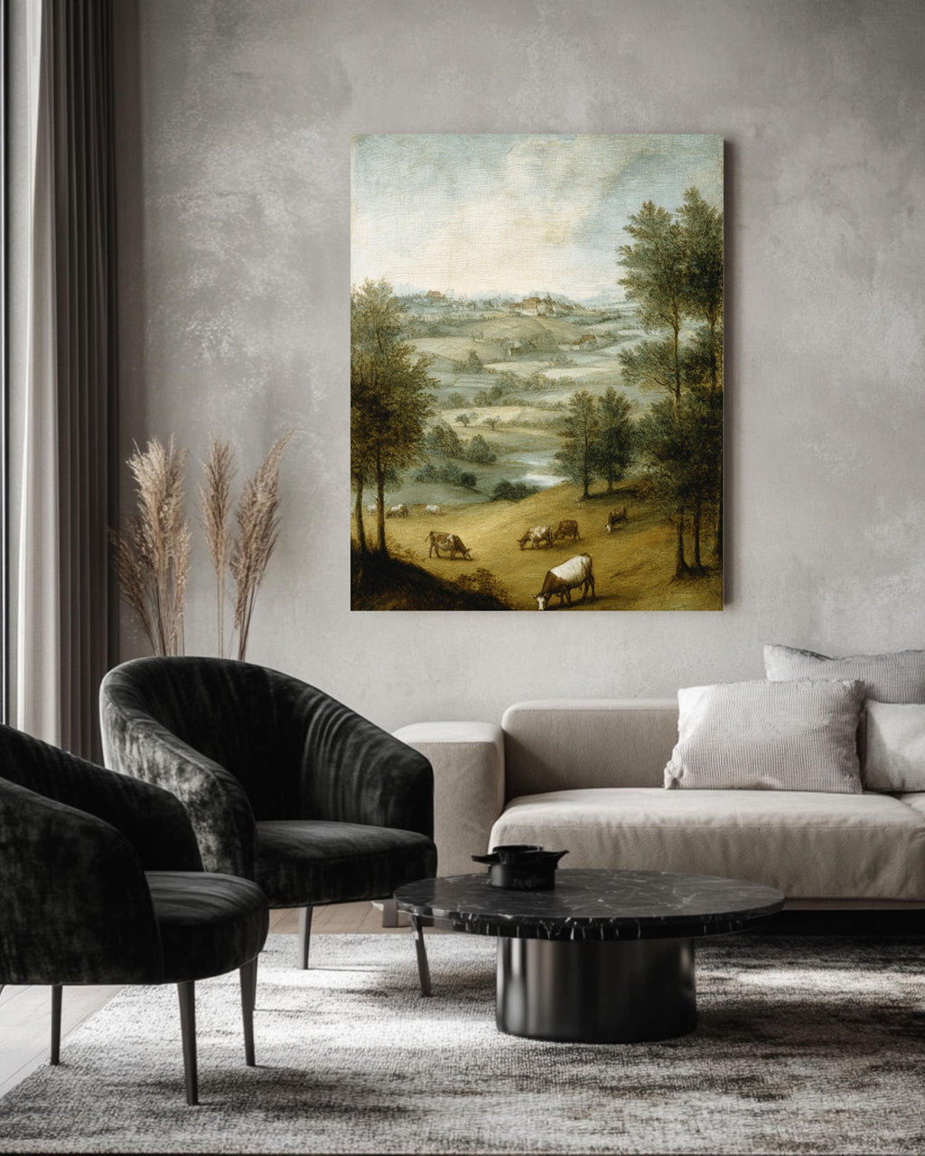 Pastoral Cow Landscape Art Print: Bruegel Style Farmhouse Decor Canvas Wall Art – Modern Decor Print