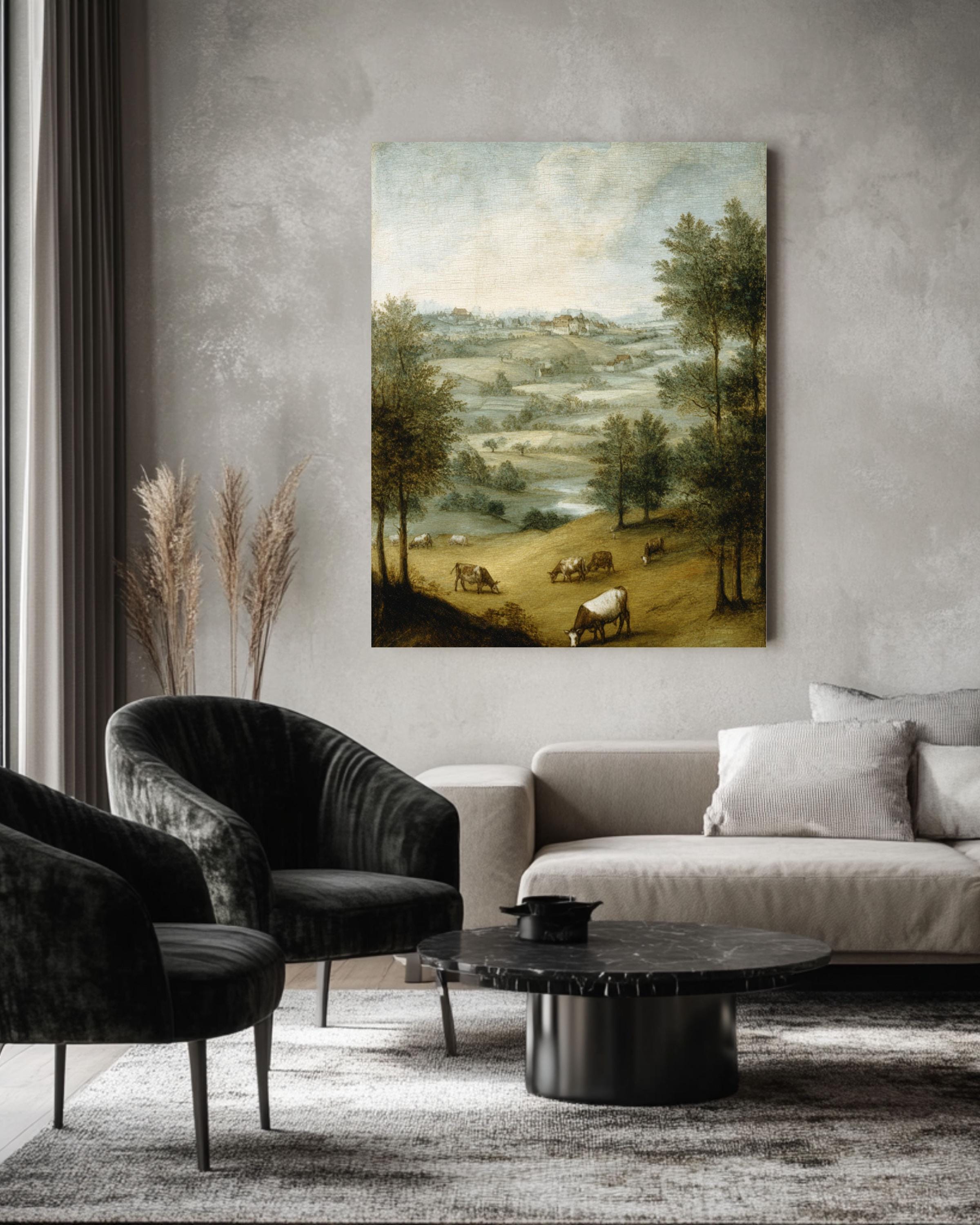 Pastoral Cow Landscape Art Print: Bruegel Style Farmhouse Decor Canvas Wall Art – Modern Decor Print