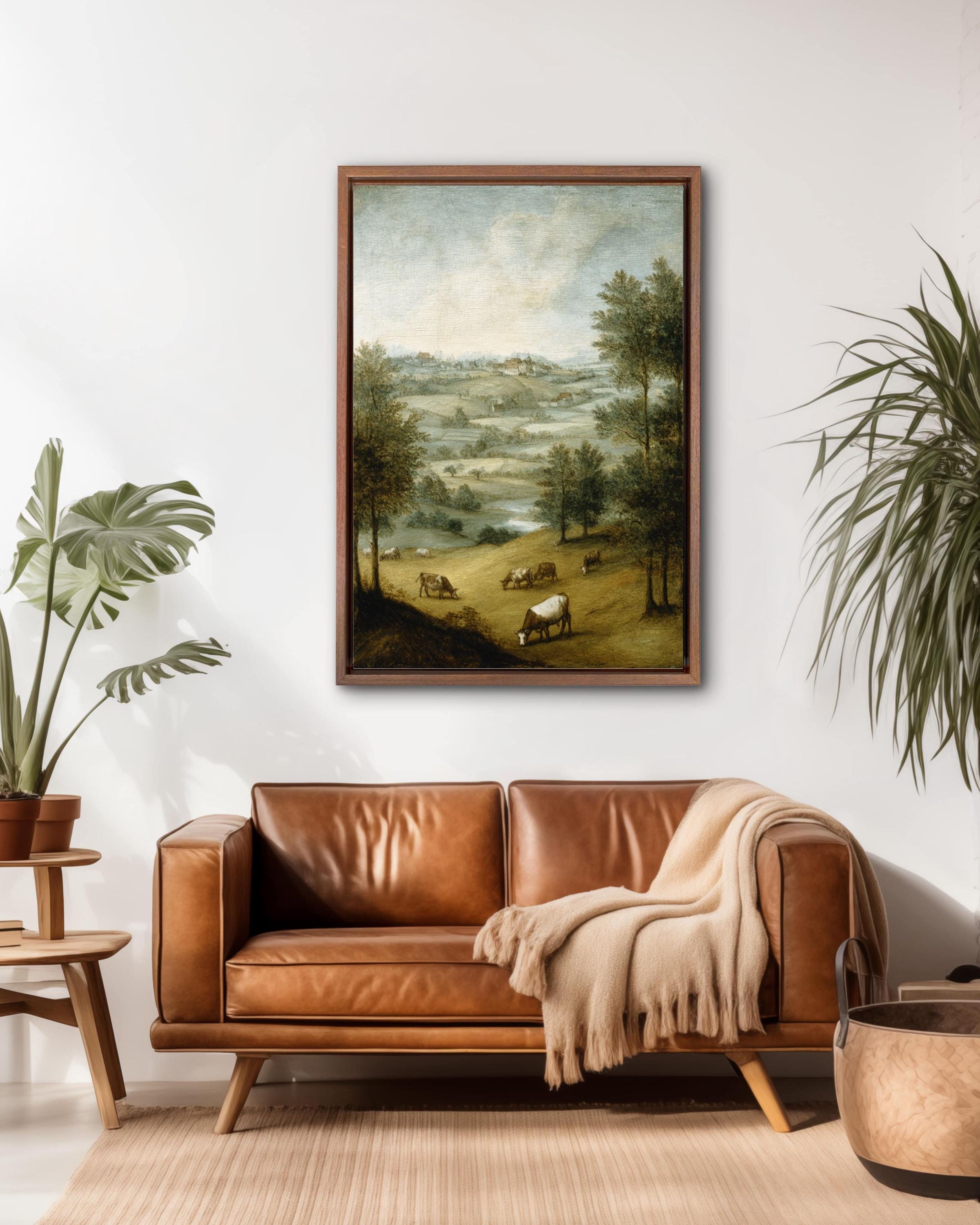 Pastoral Cow Landscape Art Print: Bruegel Style Farmhouse Decor Canvas Wall Art – Modern Decor Print