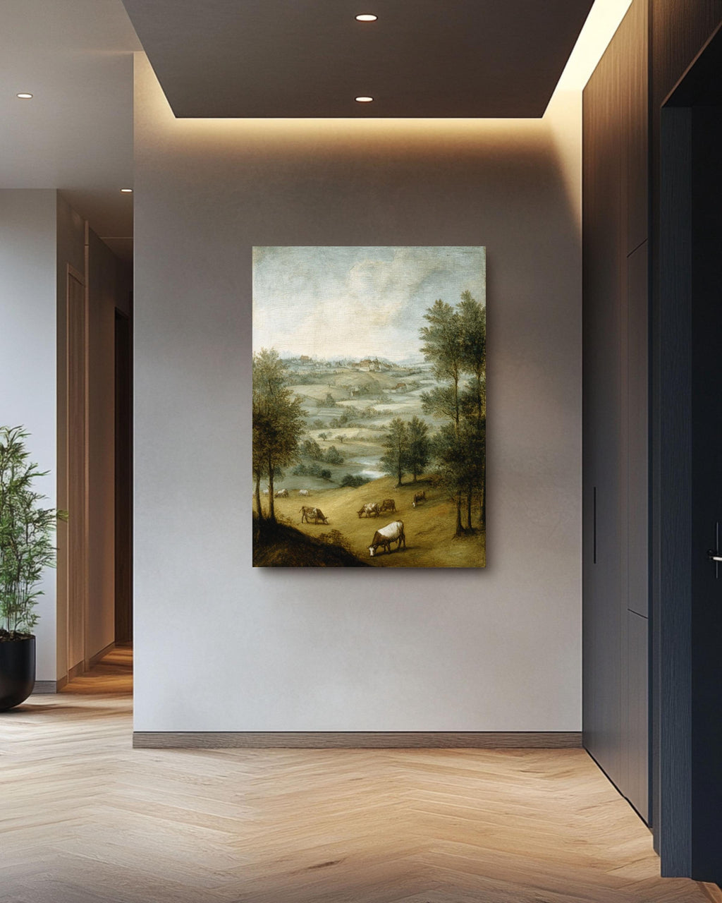 Pastoral Cow Landscape Art Print: Bruegel Style Farmhouse Decor Canvas Wall Art – Modern Decor Print