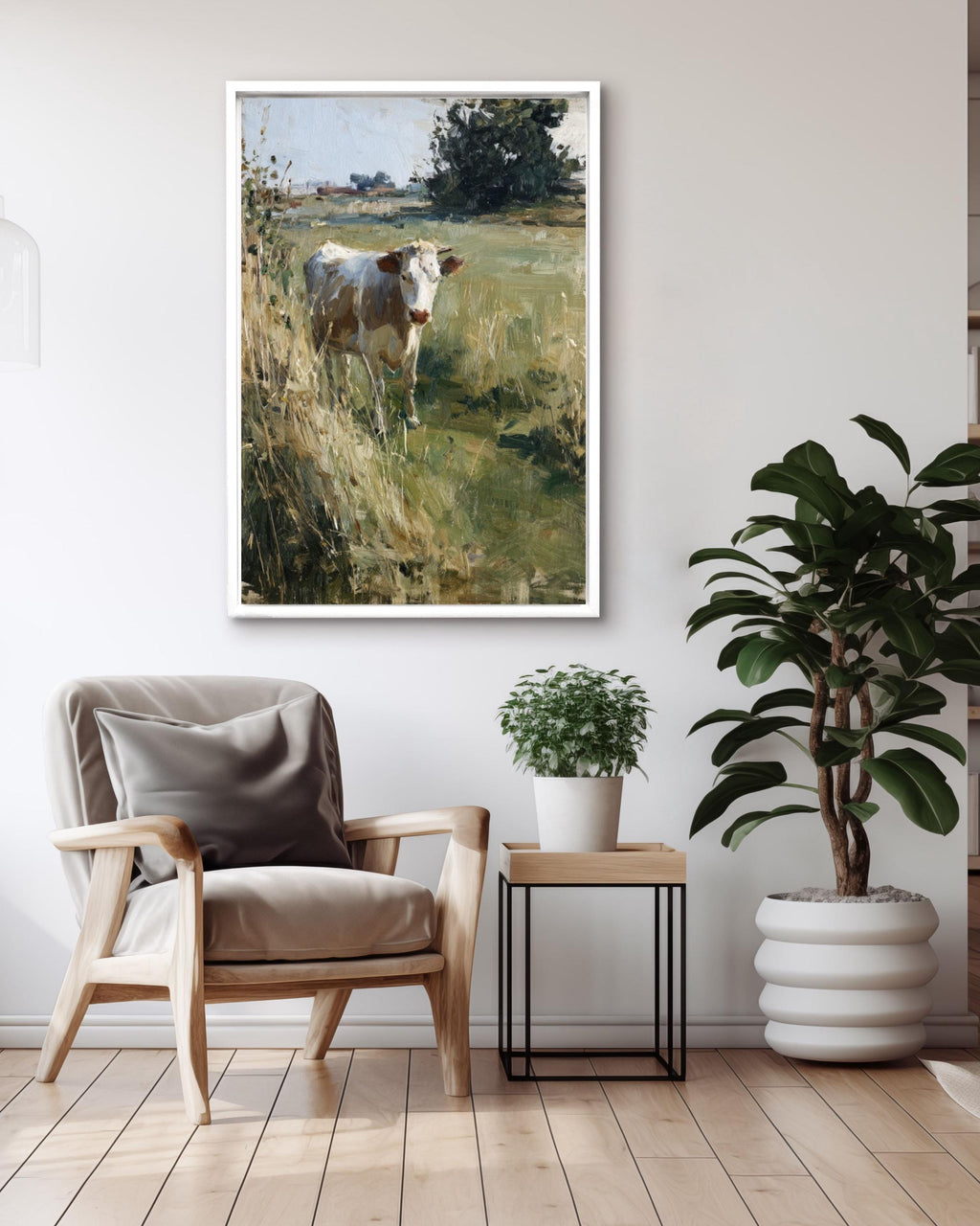 Cow in Grassy Field Art Print: Muted Oil Painting, John Singer Sargent Style Canvas Wall Art – Modern Decor Print