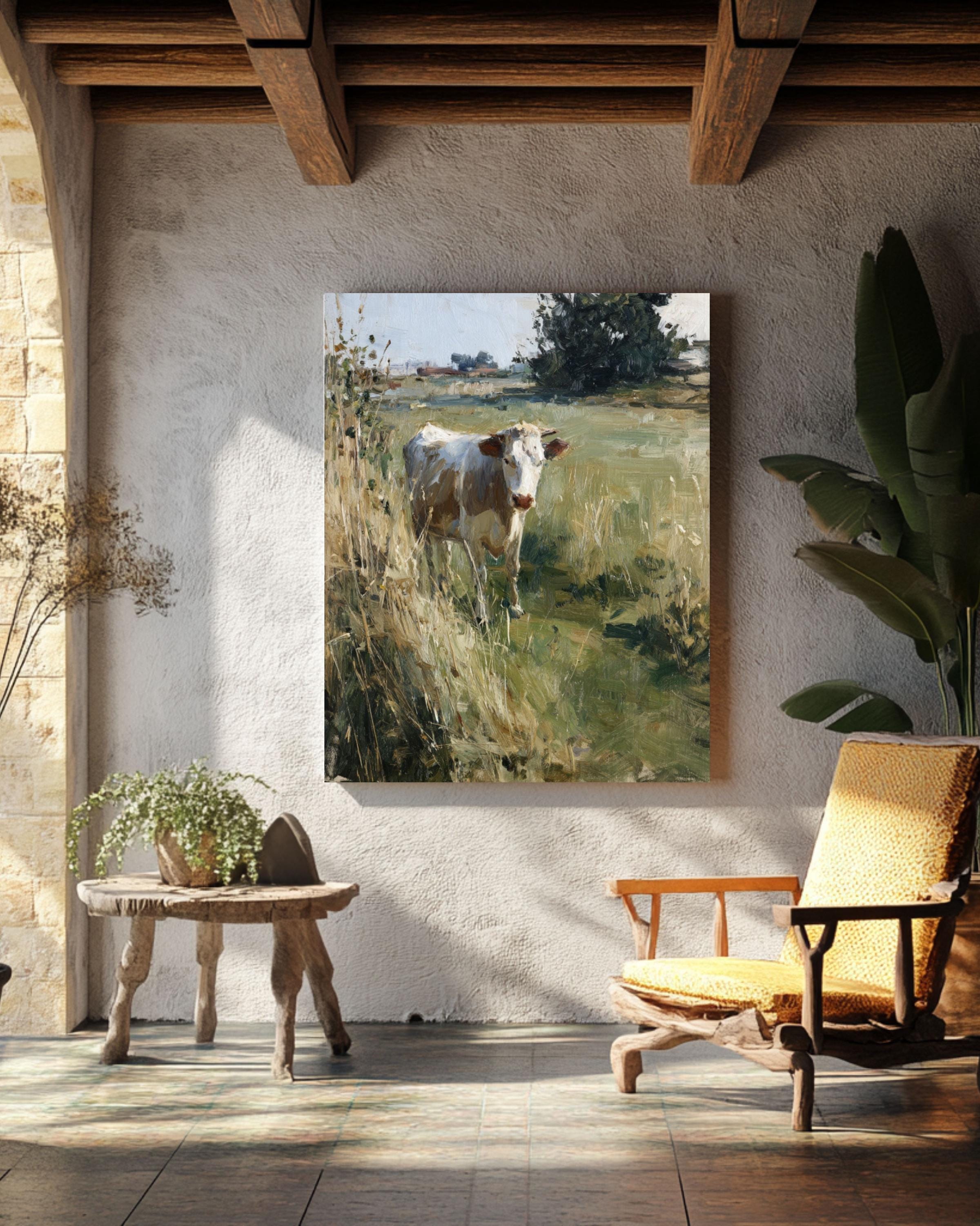 Cow in Grassy Field Art Print: Muted Oil Painting, John Singer Sargent Style Canvas Wall Art – Modern Decor Print