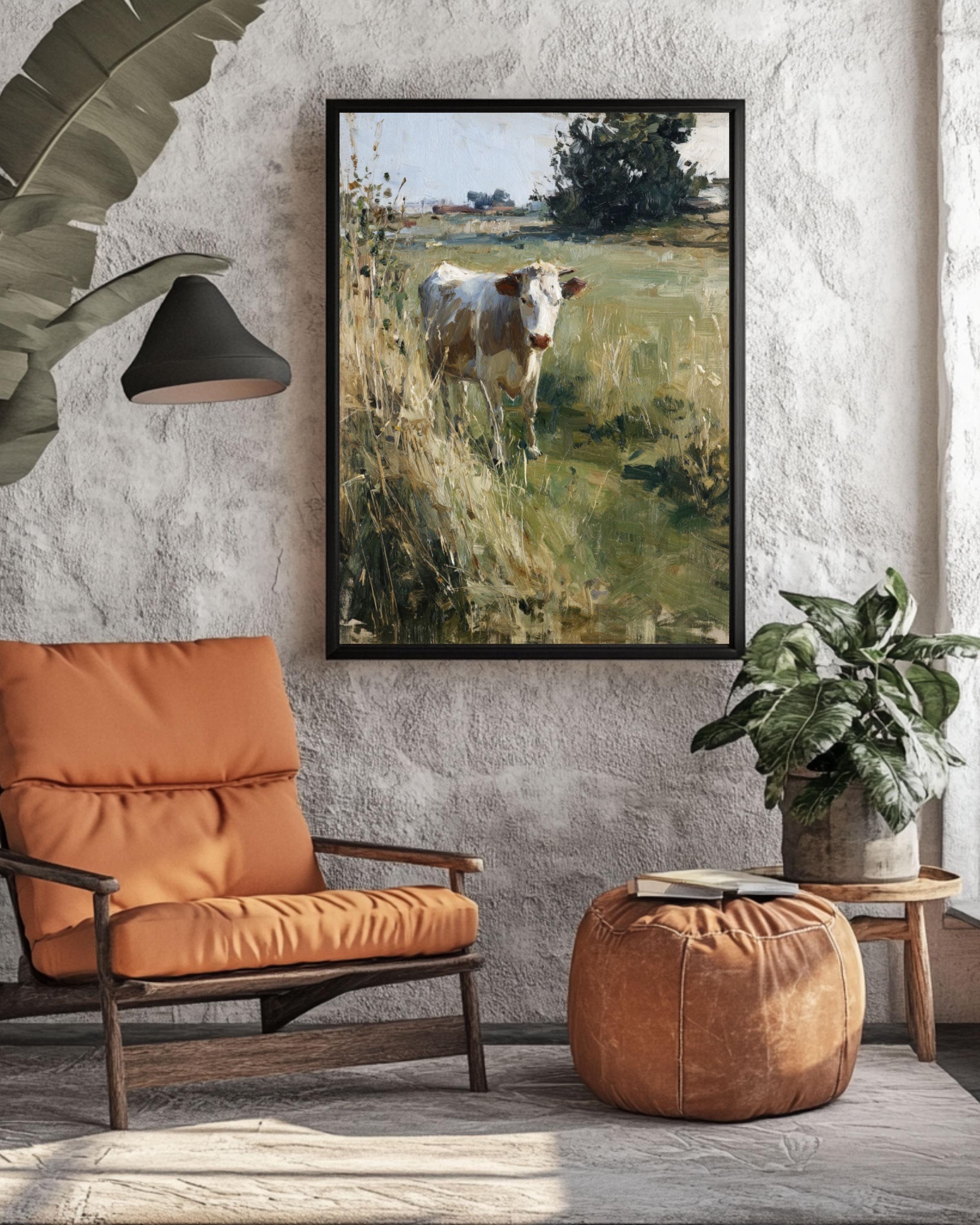 Cow in Grassy Field Art Print: Muted Oil Painting, John Singer Sargent Style Canvas Wall Art – Modern Decor Print