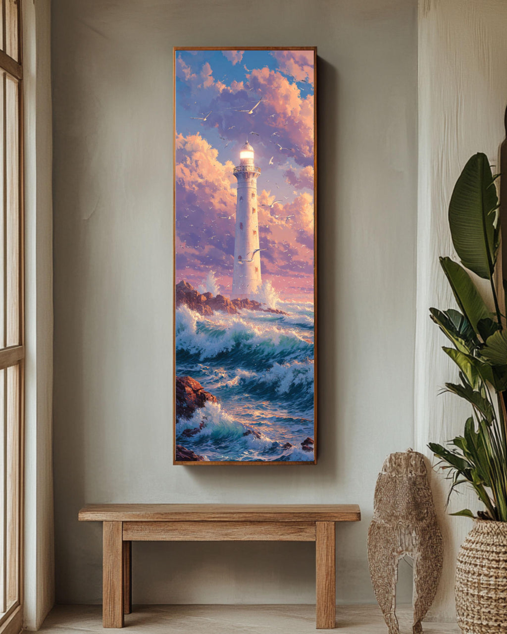 Bright Lighthouse Art: Coastal Anime Print - Waves & Seagulls Canvas Wall Art – Modern Decor Print