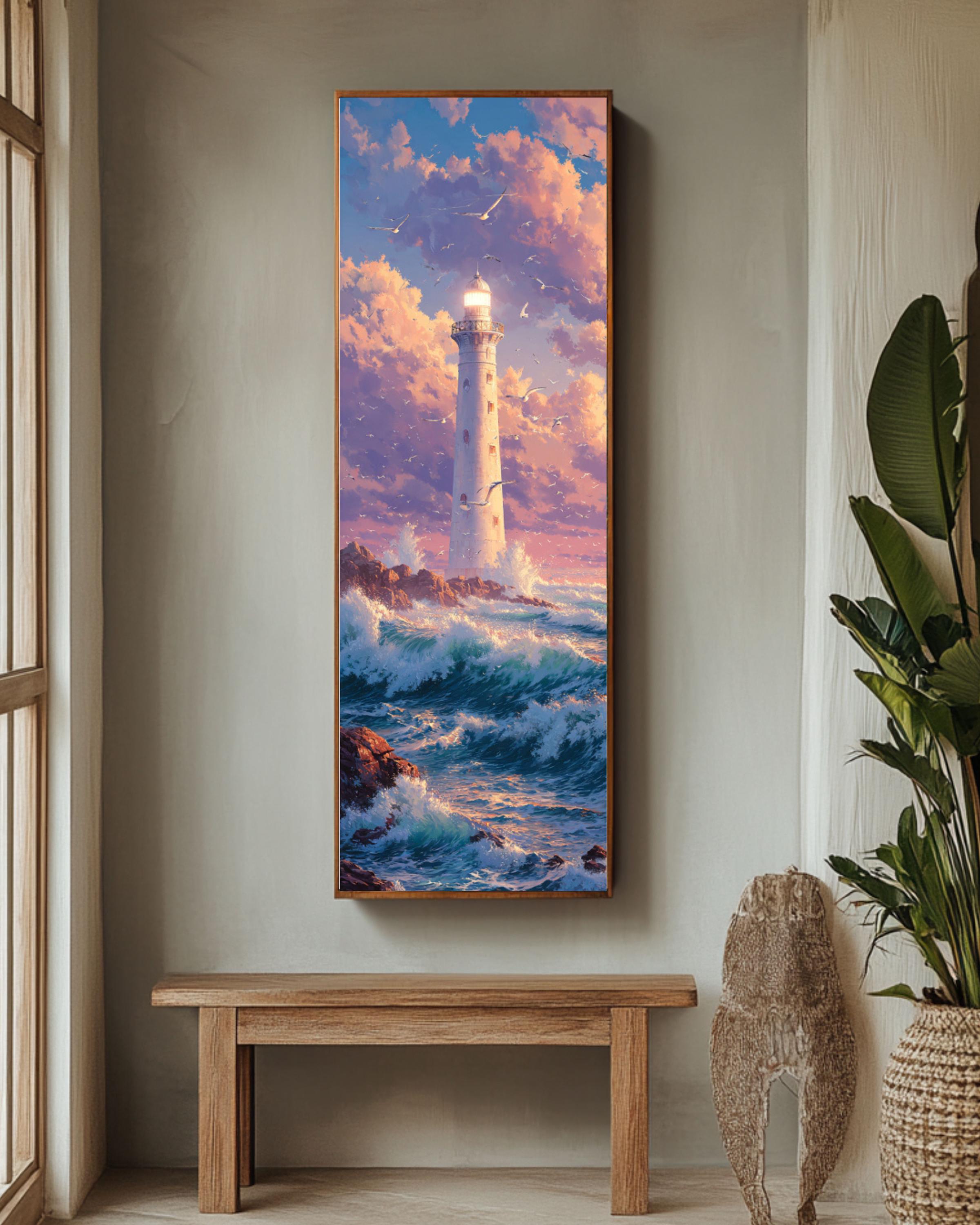 Bright Lighthouse Art: Coastal Anime Print - Waves & Seagulls Canvas Wall Art – Modern Decor Print