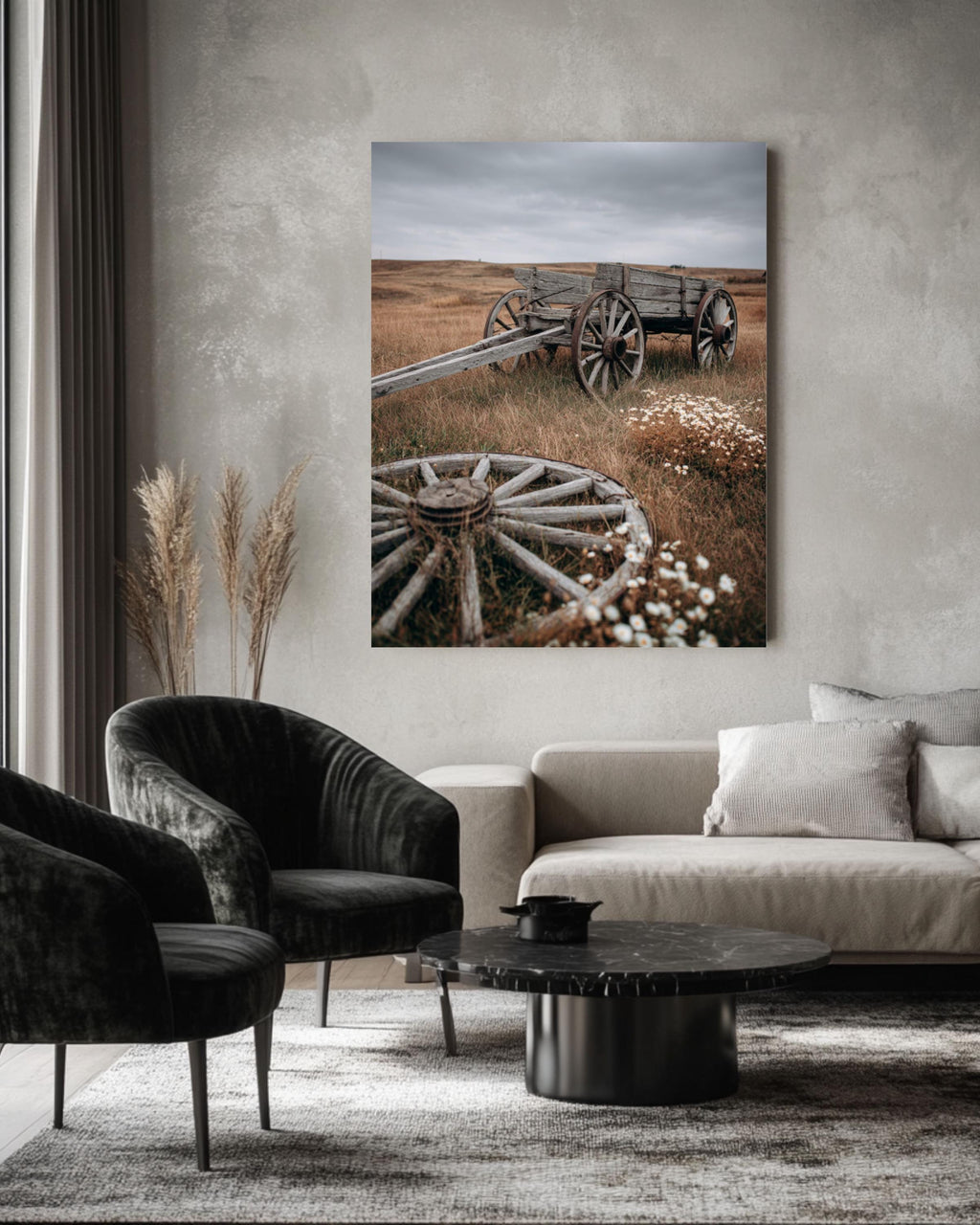 Rustic Wooden Cart in Field: Autumn Landscape Photography Canvas Wall Art – Modern Decor Print