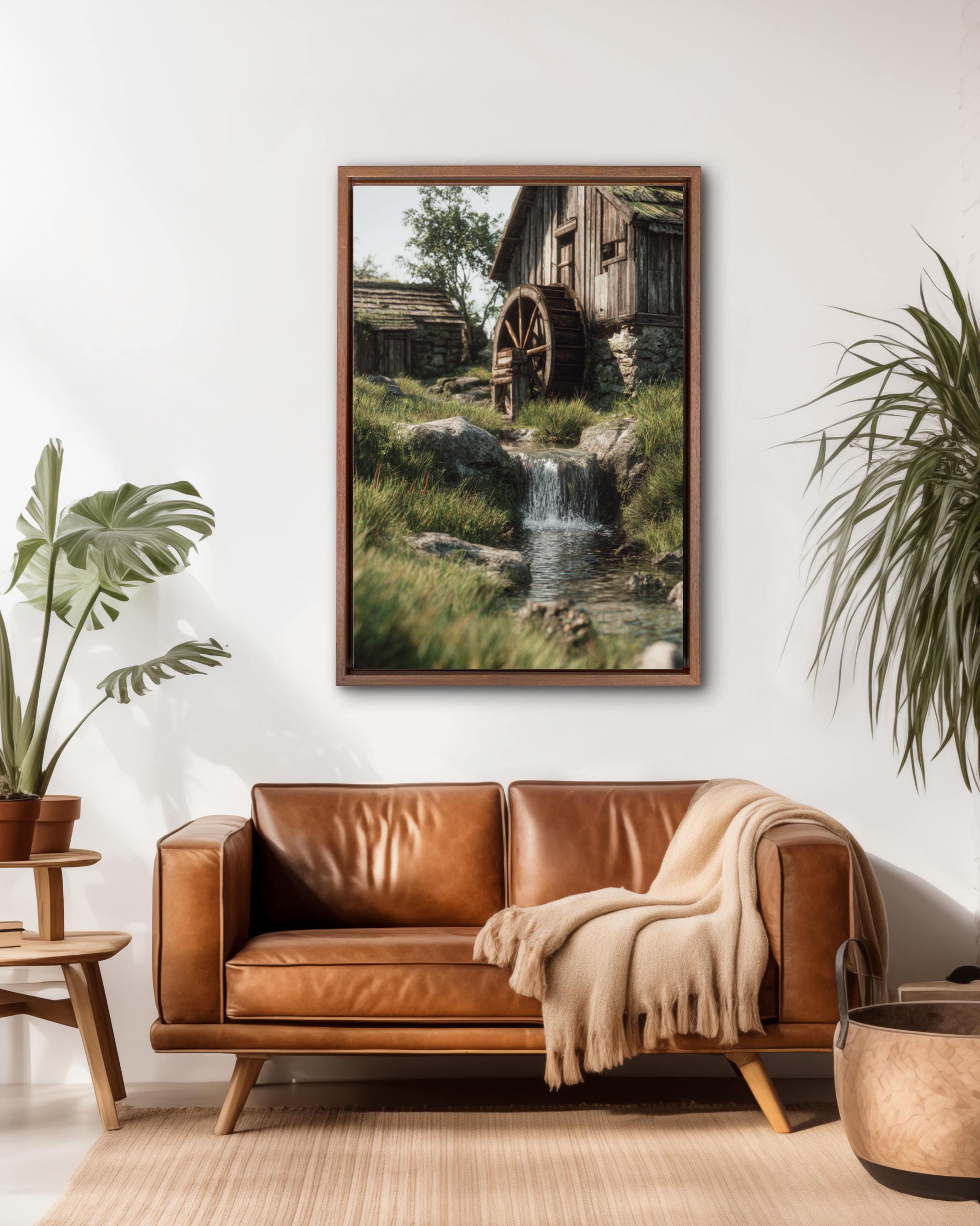 Rustic Water Mill Landscape Art: Tarkovsky-Inspired Country Print Canvas Wall Art – Modern Decor Print