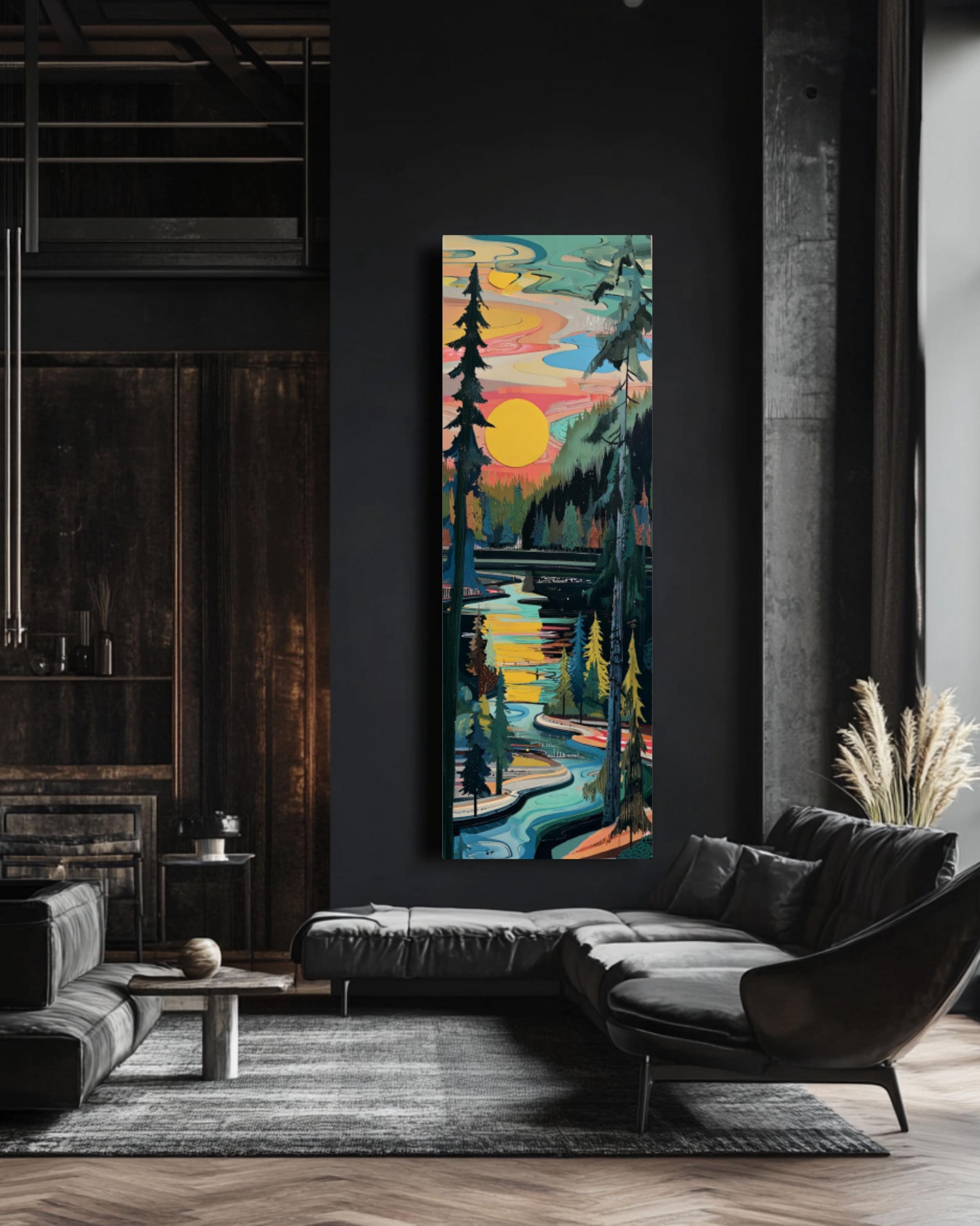 Abstract River Forest Print: Geometric Pine Sunset - Modern Nature Art Canvas Wall Art – Modern Decor Print