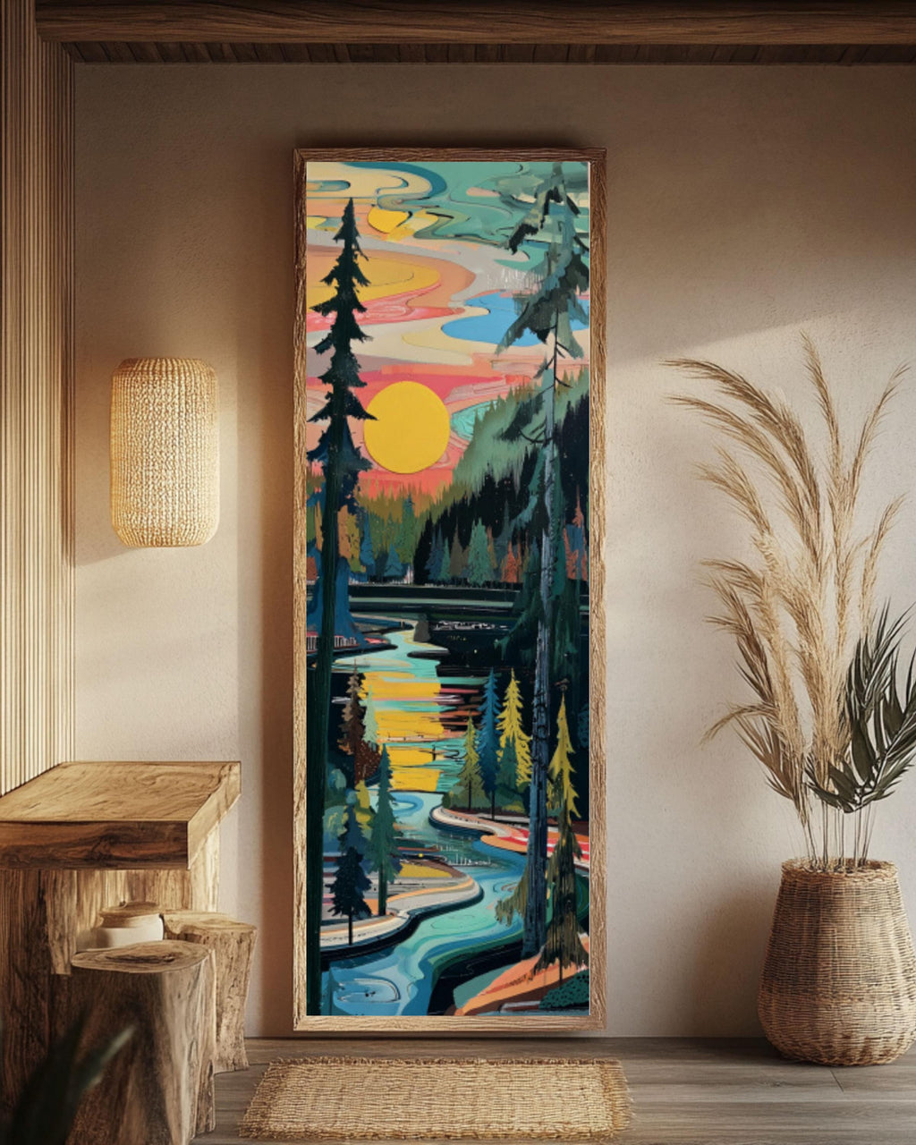Abstract River Forest Print: Geometric Pine Sunset - Modern Nature Art Canvas Wall Art – Modern Decor Print
