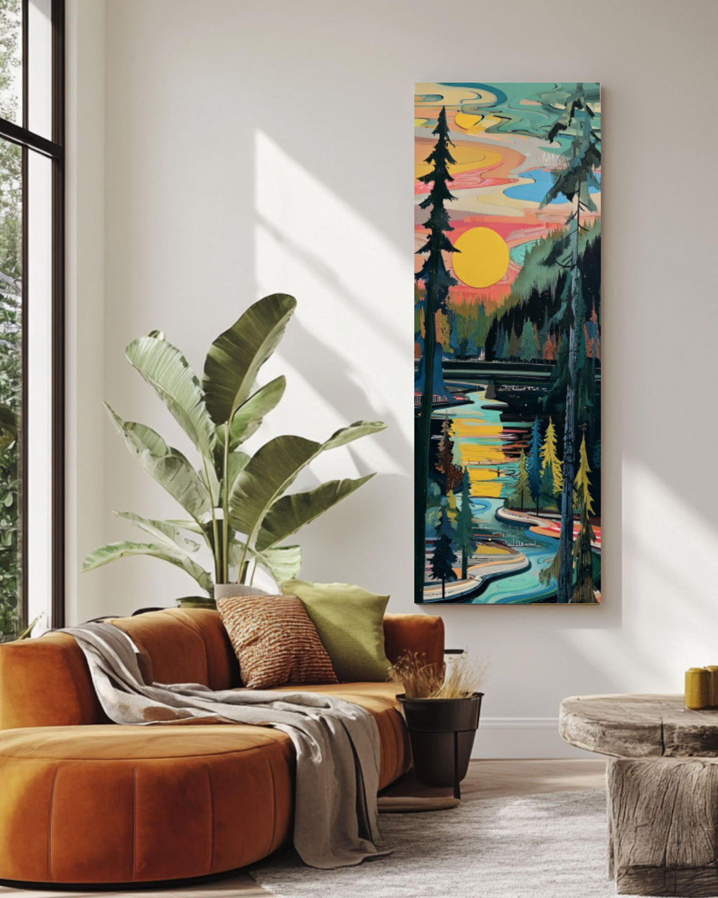 Abstract River Forest Print: Geometric Pine Sunset - Modern Nature Art Canvas Wall Art – Modern Decor Print