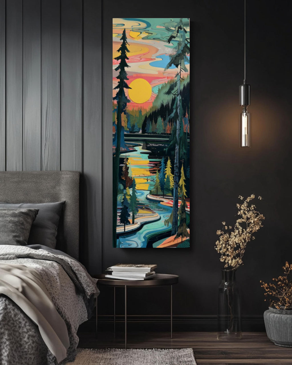 Abstract River Forest Print: Geometric Pine Sunset - Modern Nature Art Canvas Wall Art – Modern Decor Print