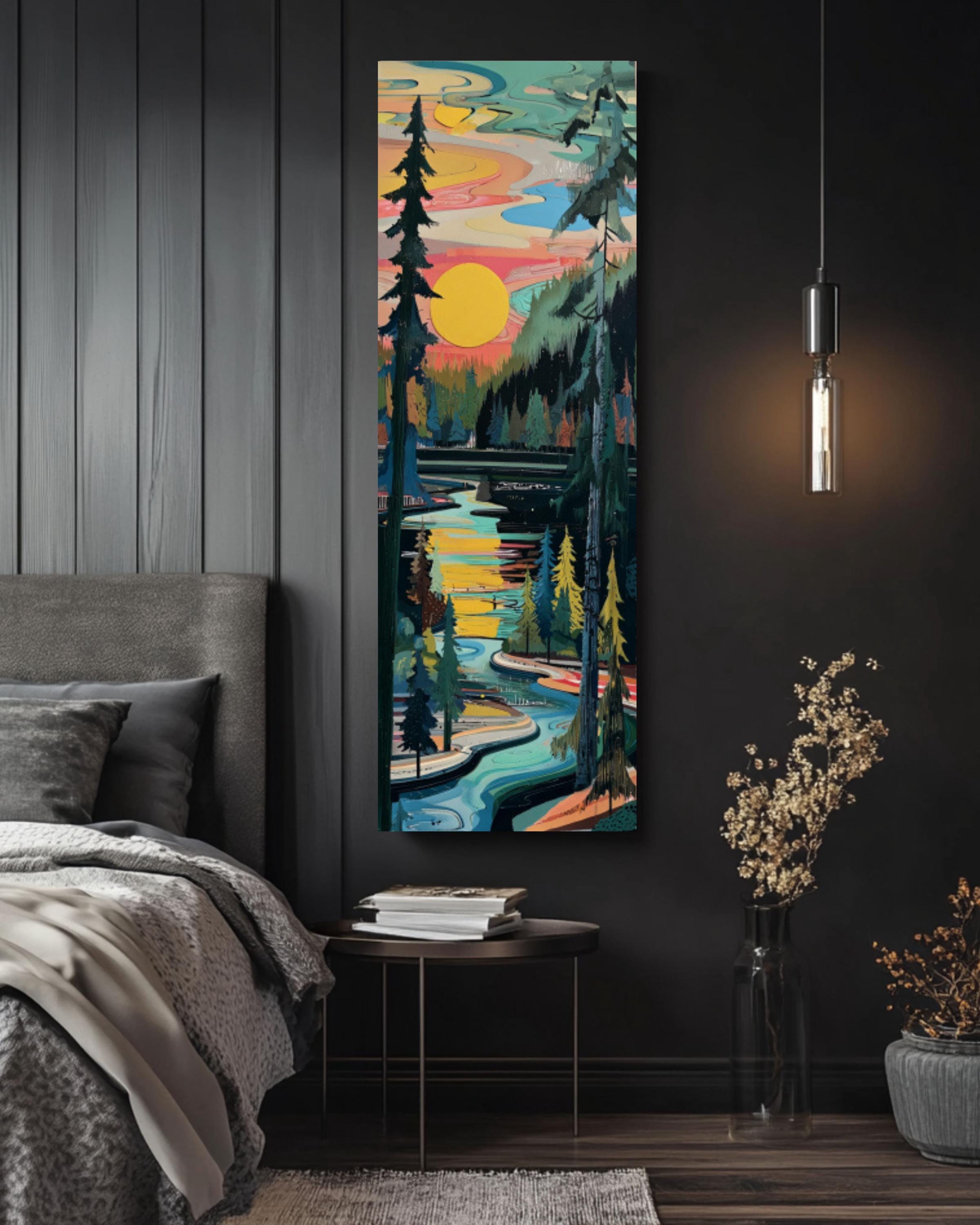 Abstract River Forest Print: Geometric Pine Sunset - Modern Nature Art Canvas Wall Art – Modern Decor Print