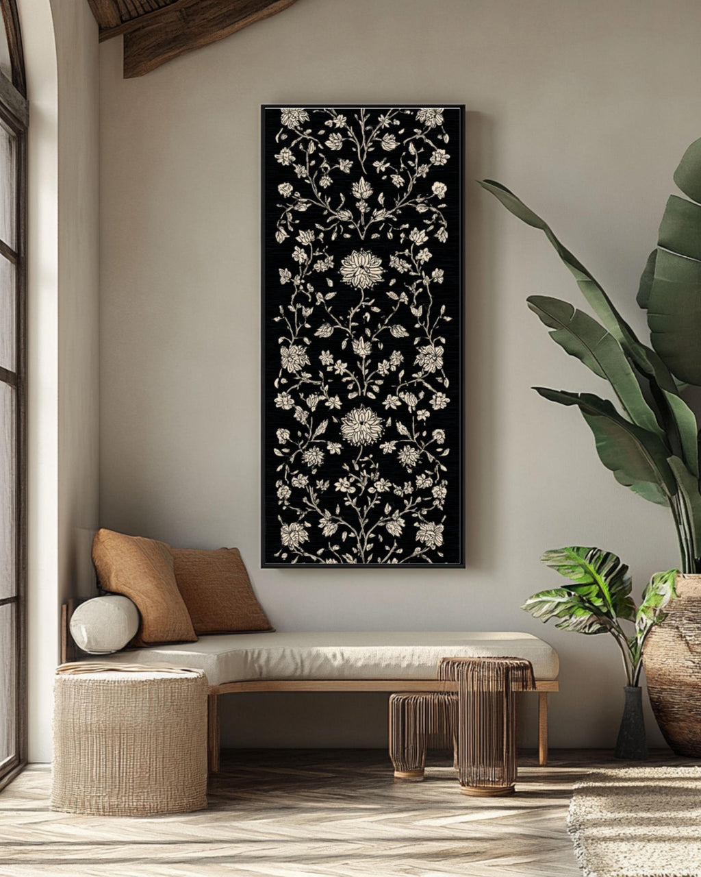 Batik Floral Vine Art Print: White on Black Botanical Pattern Canvas Wall Art – Modern Decor Print