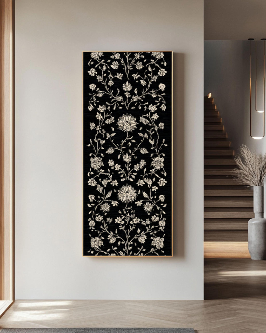Batik Floral Vine Art Print: White on Black Botanical Pattern Canvas Wall Art – Modern Decor Print