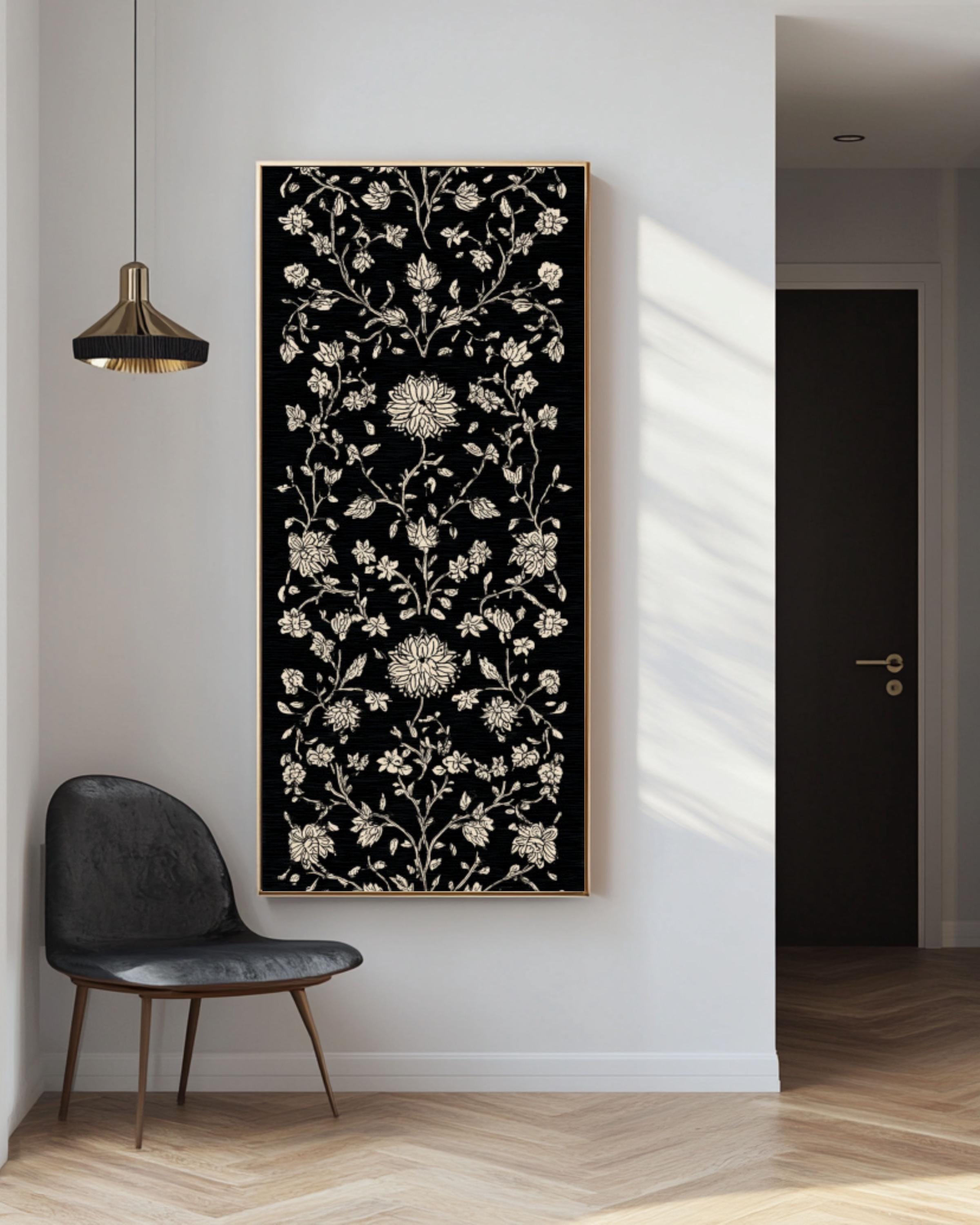 Batik Floral Vine Art Print: White on Black Botanical Pattern Canvas Wall Art – Modern Decor Print