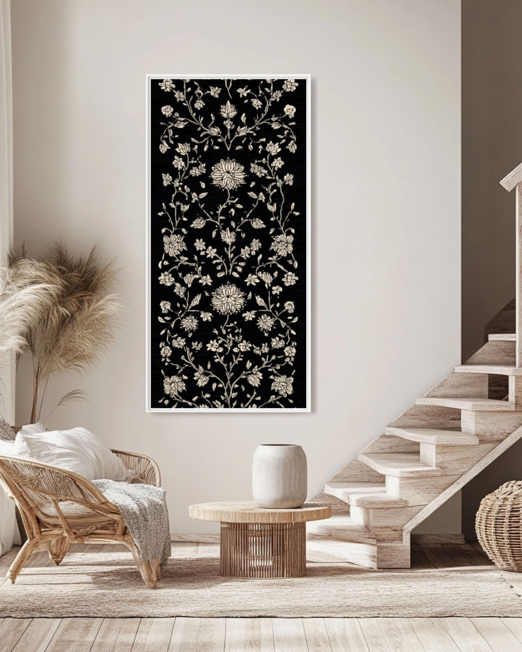 Batik Floral Vine Art Print: White on Black Botanical Pattern Canvas Wall Art – Modern Decor Print