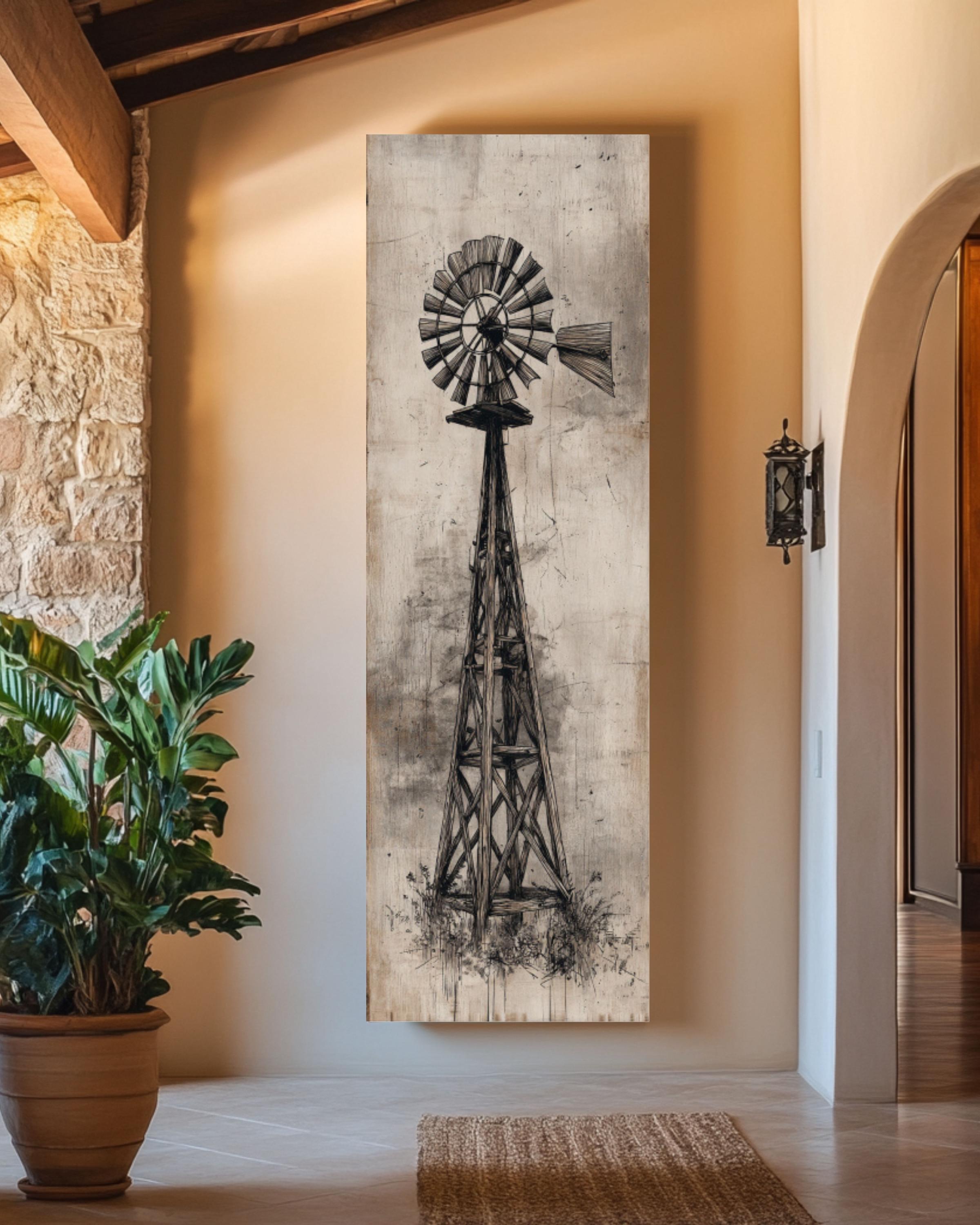 Vintage Texas Windmill Wall Art Print | Rustic Barn Scene Canvas