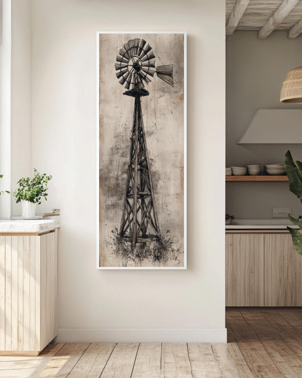 Vintage Texas Windmill Wall Art Print | Rustic Barn Scene Canvas