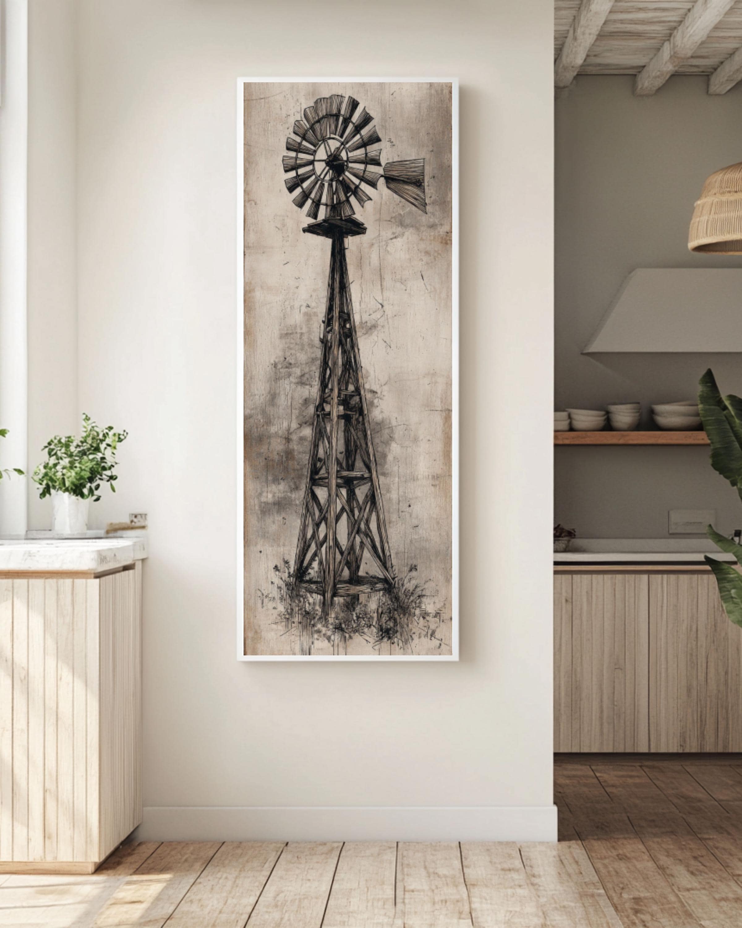 Vintage Texas Windmill Wall Art Print | Rustic Barn Scene Canvas