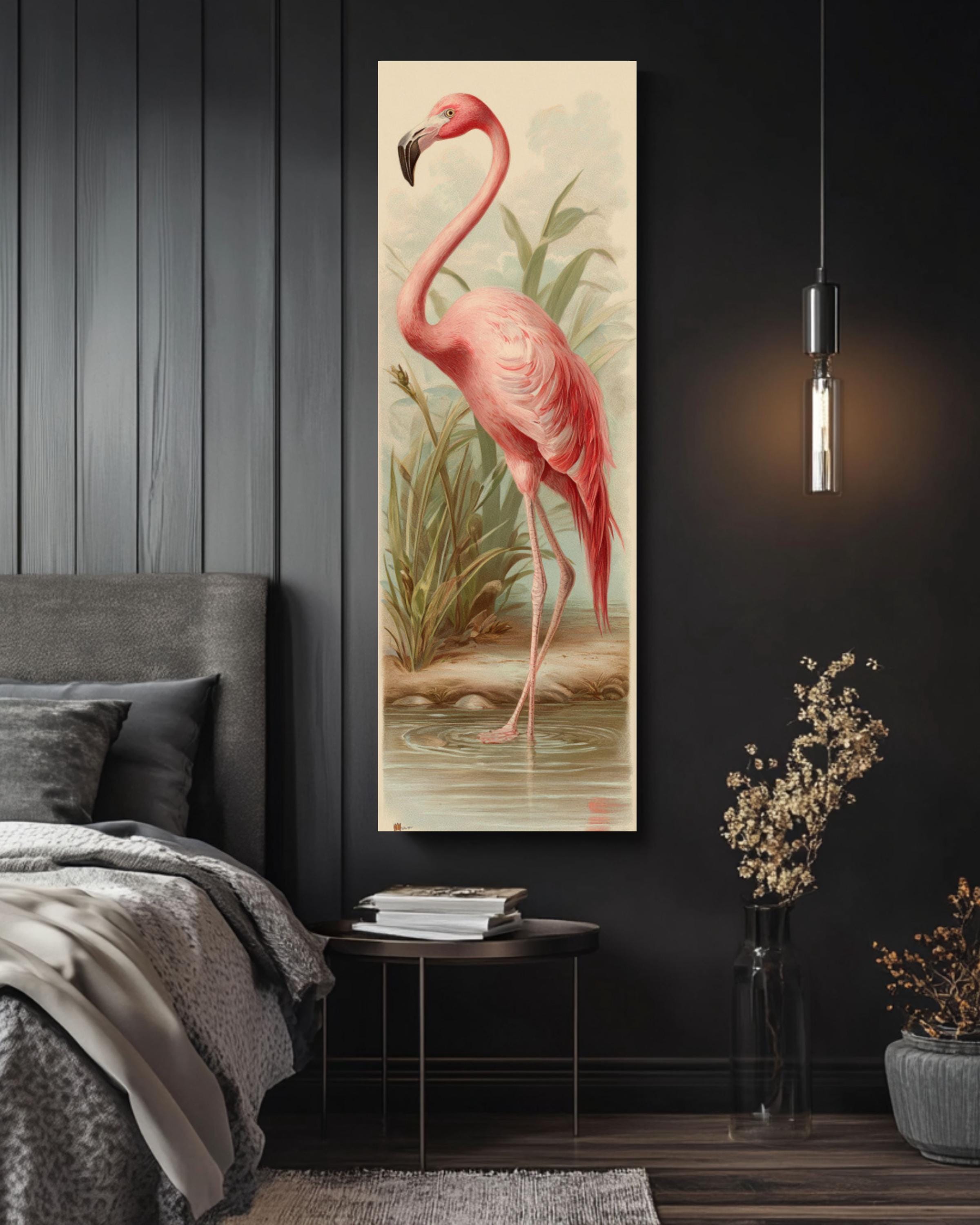Vintage Flamingo Print: Chromolithograph Style Pastel Bird Art Canvas Wall Art – Modern Decor Print