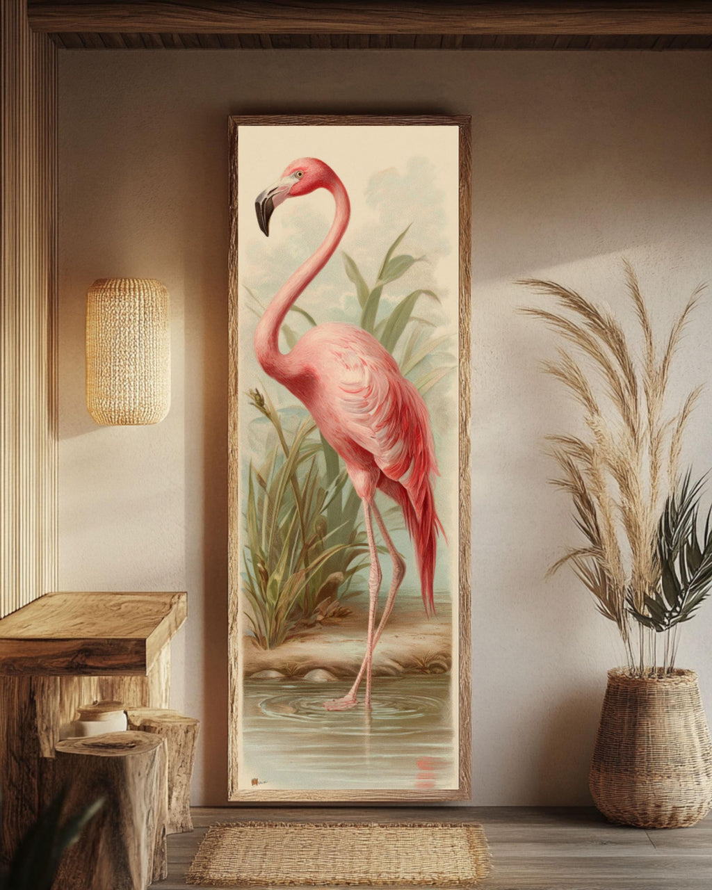 Vintage Flamingo Print: Chromolithograph Style Pastel Bird Art Canvas Wall Art – Modern Decor Print