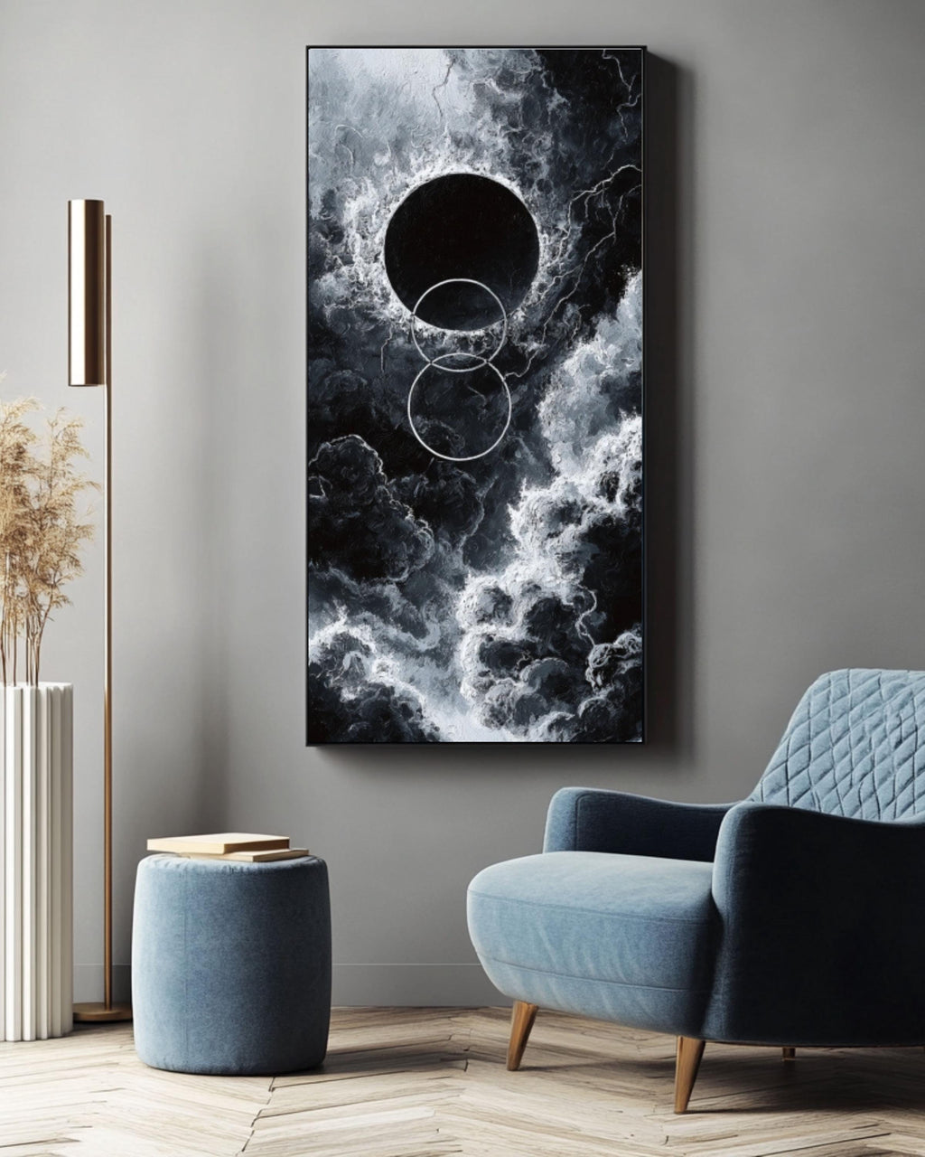 Black Hole Abstract Art Print: Dark Cosmic Oil Painting Style Canvas Wall Art – Modern Decor Print