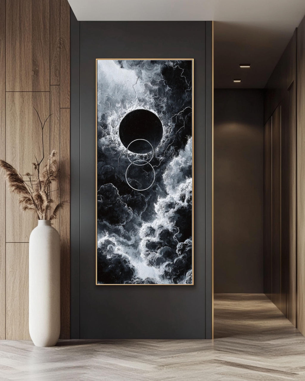 Black Hole Abstract Art Print: Dark Cosmic Oil Painting Style Canvas Wall Art – Modern Decor Print