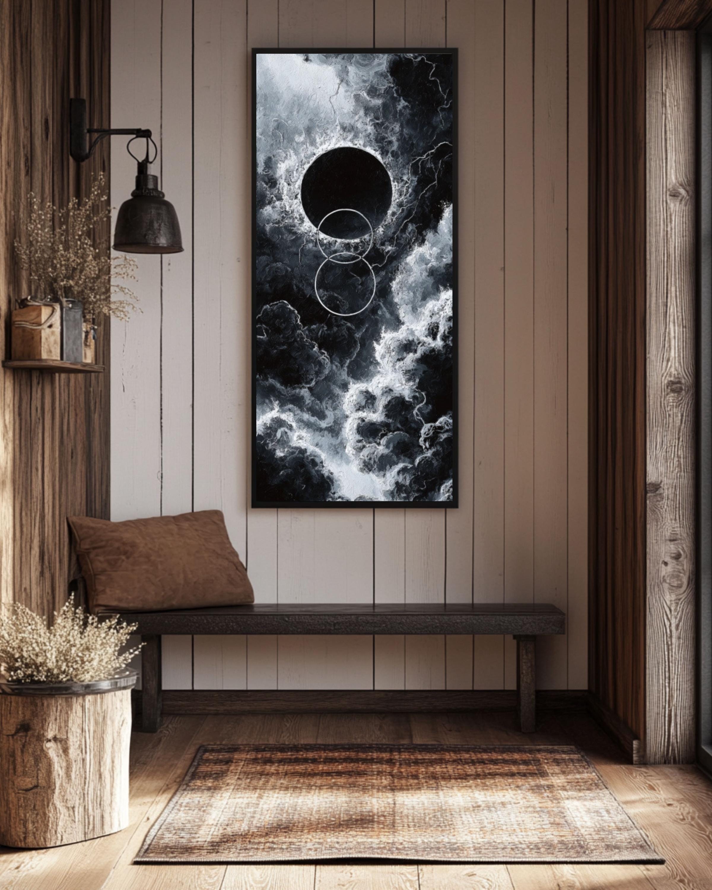 Black Hole Abstract Art Print: Dark Cosmic Oil Painting Style Canvas Wall Art – Modern Decor Print