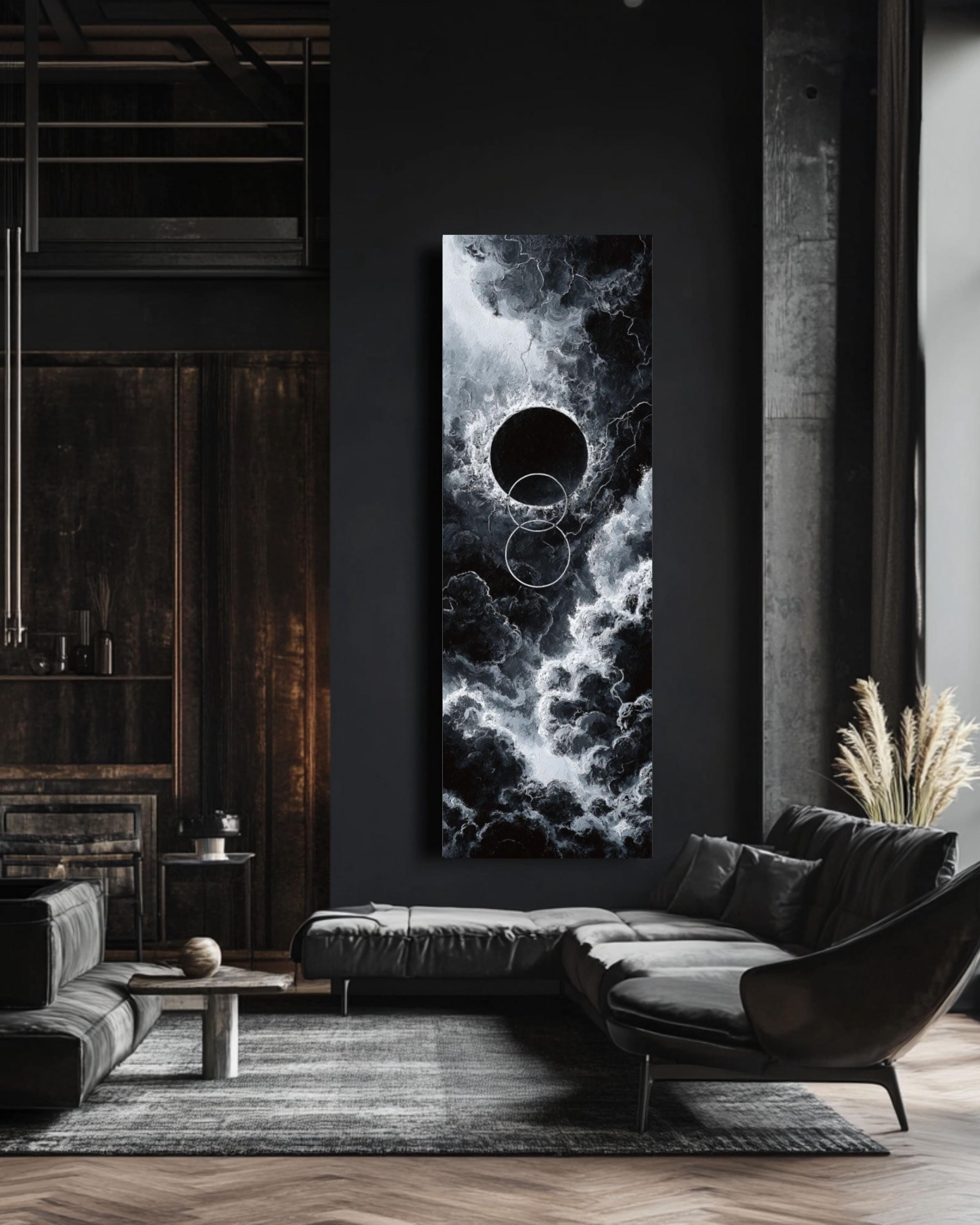 Black Hole Abstract Art Print: Dark Cosmic Oil Painting Style Canvas Wall Art – Modern Decor Print