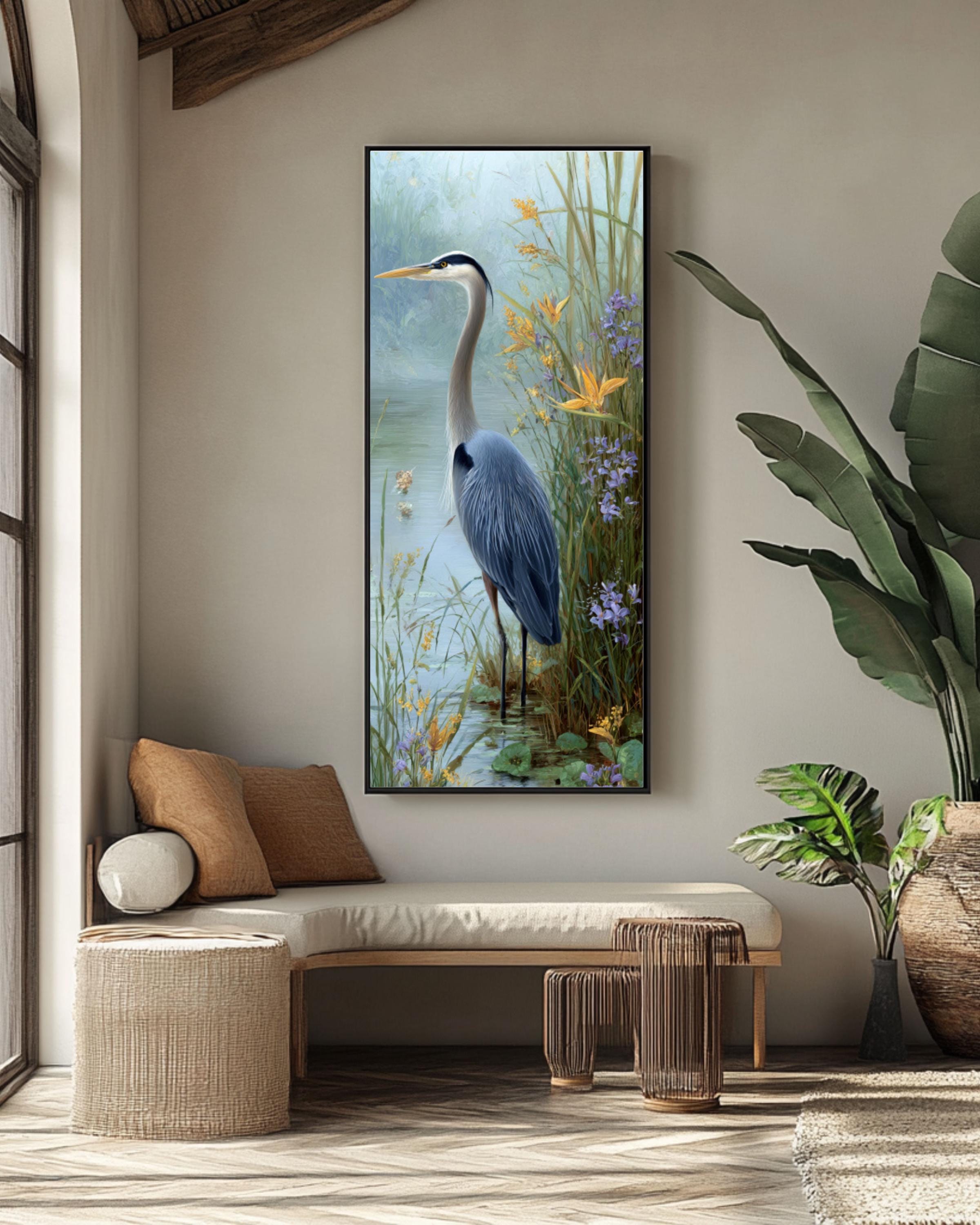 Blue Heron Art Print: Pastel Bird Portrait, Coastal Wall Decor Canvas Wall Art – Modern Decor Print
