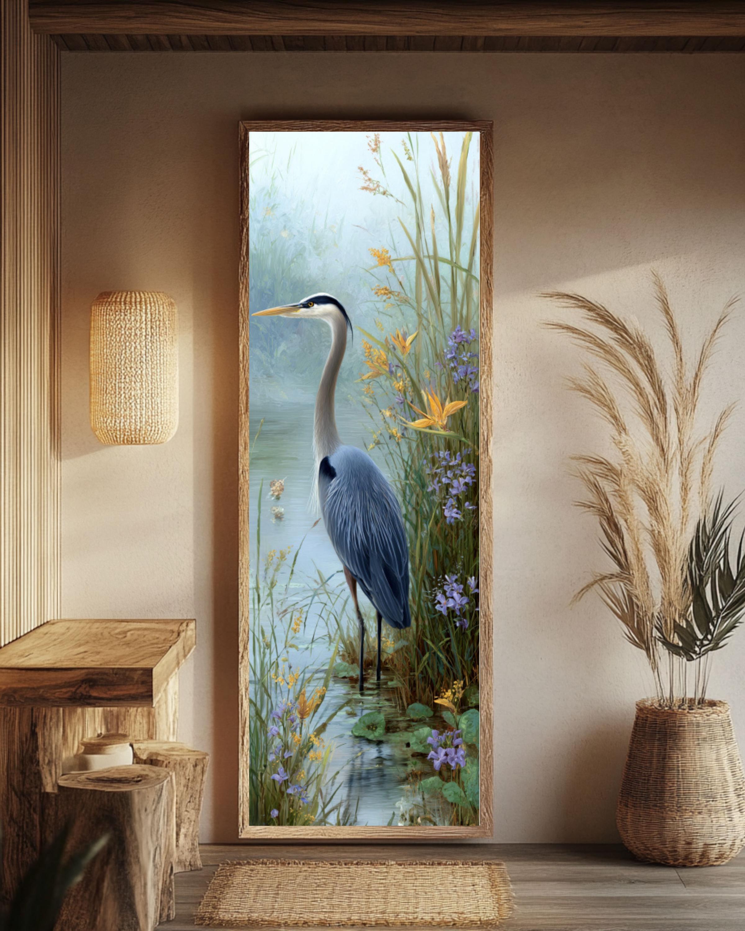 Blue Heron Art Print: Pastel Bird Portrait, Coastal Wall Decor Canvas Wall Art – Modern Decor Print