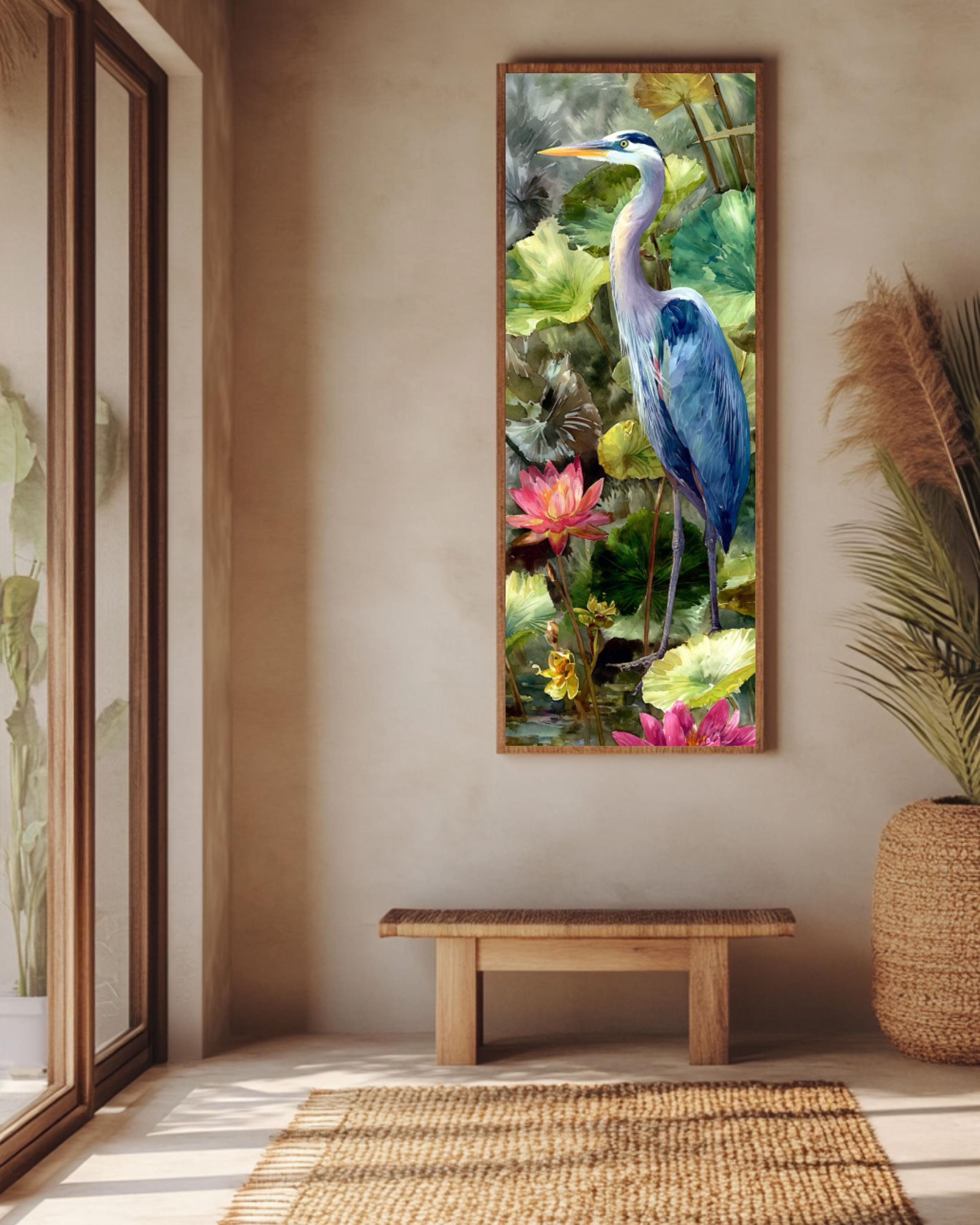Blue Heron Lotus Pond Art: Realistic Nature Wall Print Canvas Wall Art – Modern Decor Print