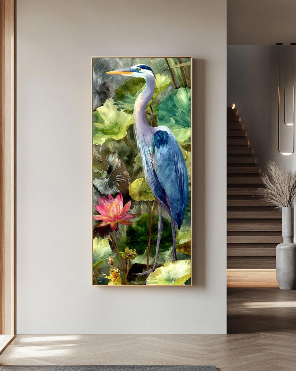 Blue Heron Lotus Pond Art: Realistic Nature Wall Print Canvas Wall Art – Modern Decor Print