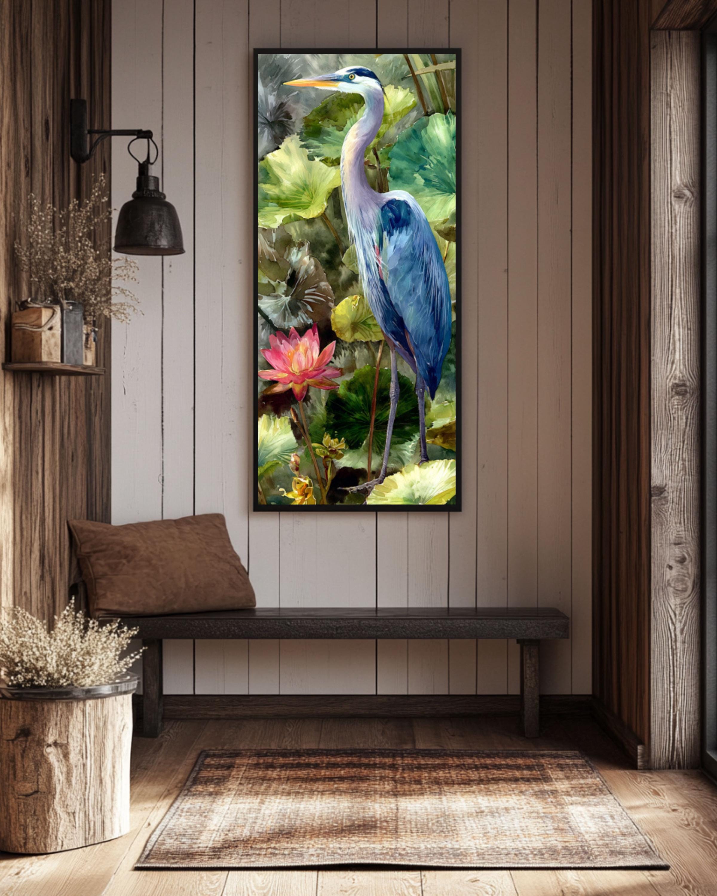 Blue Heron Lotus Pond Art: Realistic Nature Wall Print Canvas Wall Art – Modern Decor Print