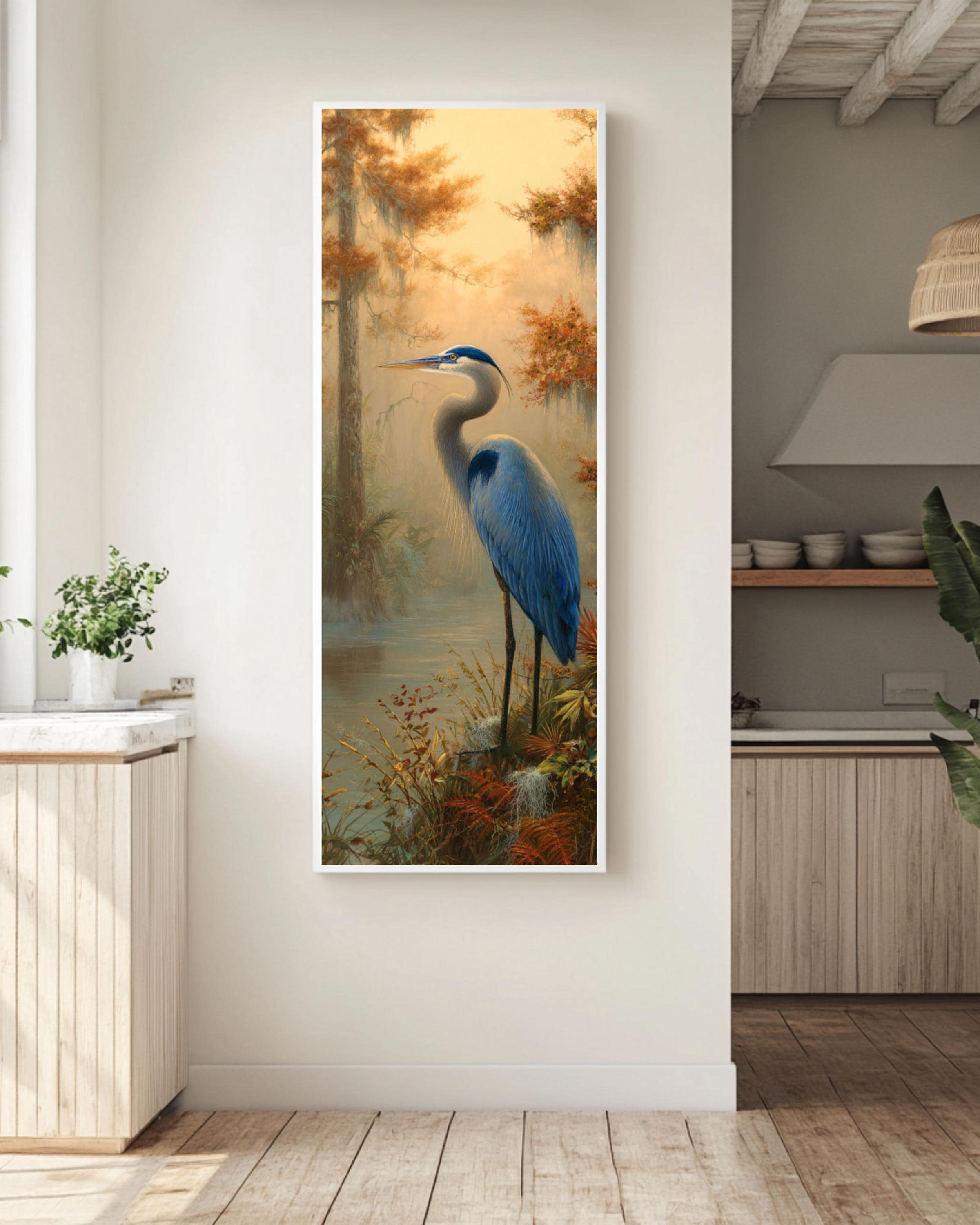 Blue Heron Swamp Art: Florida Wetlands Illustration - Sarnoff & Kinkade Style Canvas Wall Art – Modern Decor Print