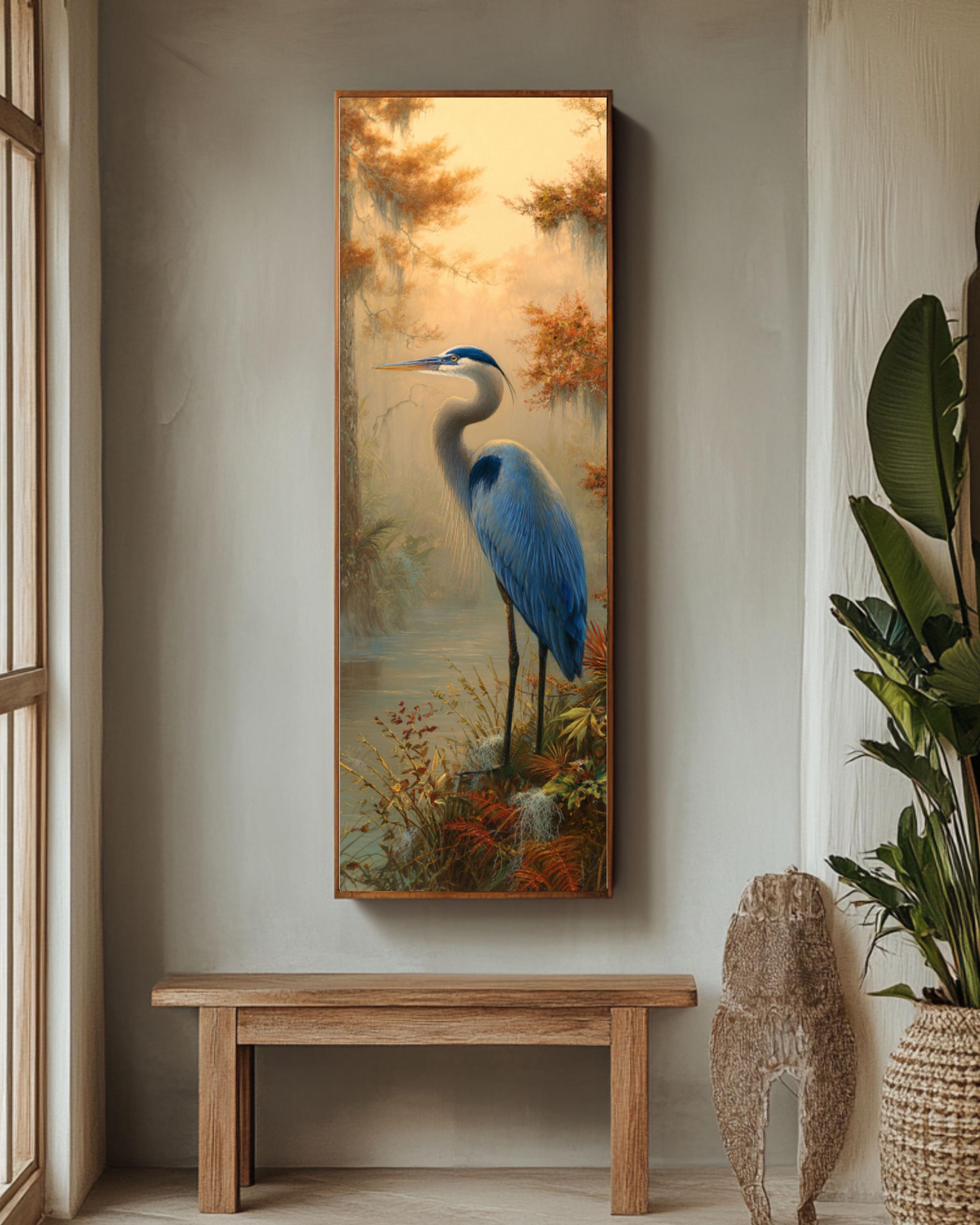 Blue Heron Swamp Art: Florida Wetlands Illustration - Sarnoff & Kinkade Style Canvas Wall Art – Modern Decor Print