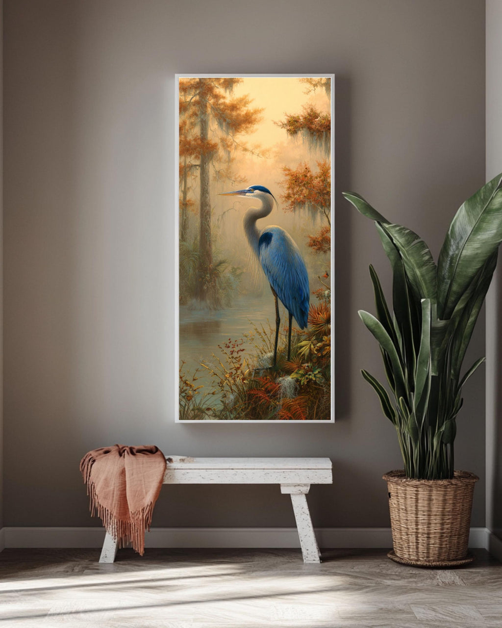 Blue Heron Swamp Art: Florida Wetlands Illustration - Sarnoff & Kinkade Style Canvas Wall Art – Modern Decor Print
