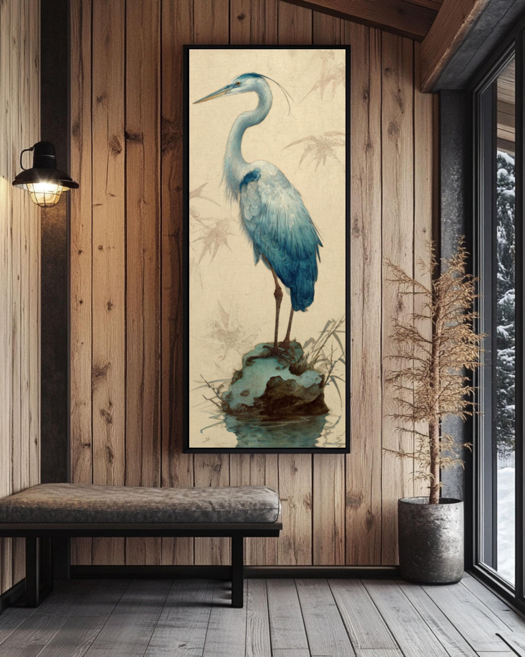 Blue Heron Japanese Art Print: Nature-Inspired Wall Decor Canvas Wall Art – Modern Decor Print