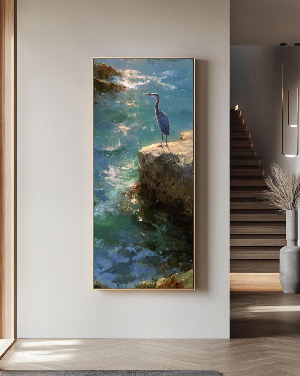 Blue Heron Coastal Art Print: Kinkade & Sargent Style Ocean Painting Canvas Wall Art – Modern Decor Print