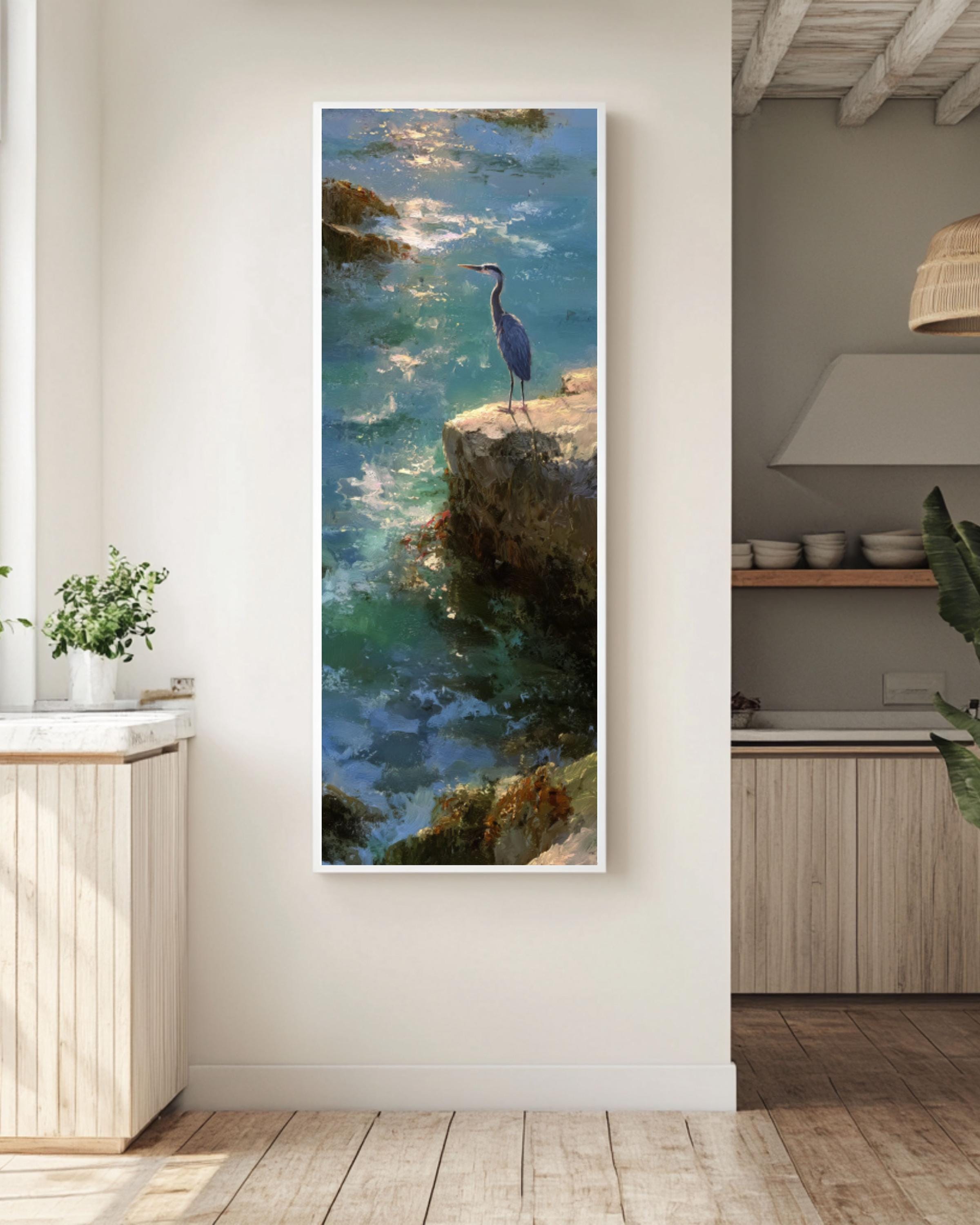 Blue Heron Coastal Art Print: Kinkade & Sargent Style Ocean Painting Canvas Wall Art – Modern Decor Print