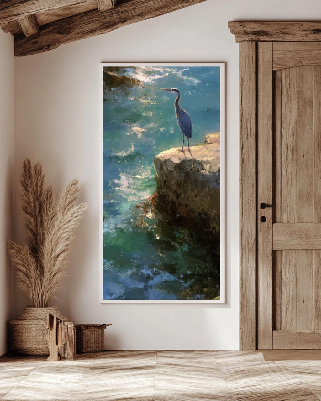 Blue Heron Coastal Art Print: Kinkade & Sargent Style Ocean Painting Canvas Wall Art – Modern Decor Print